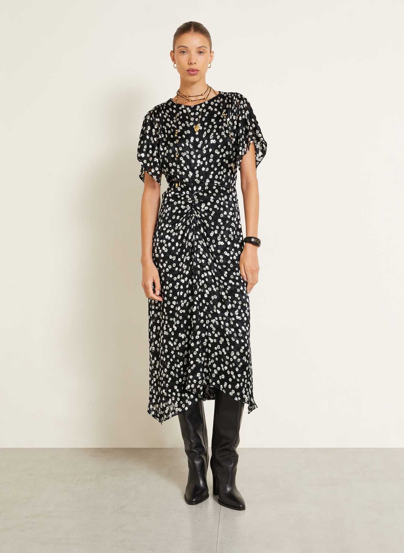 ISABEL MARANT Rochie HERVA din jacquard cu mătase: NEGRU / ALB