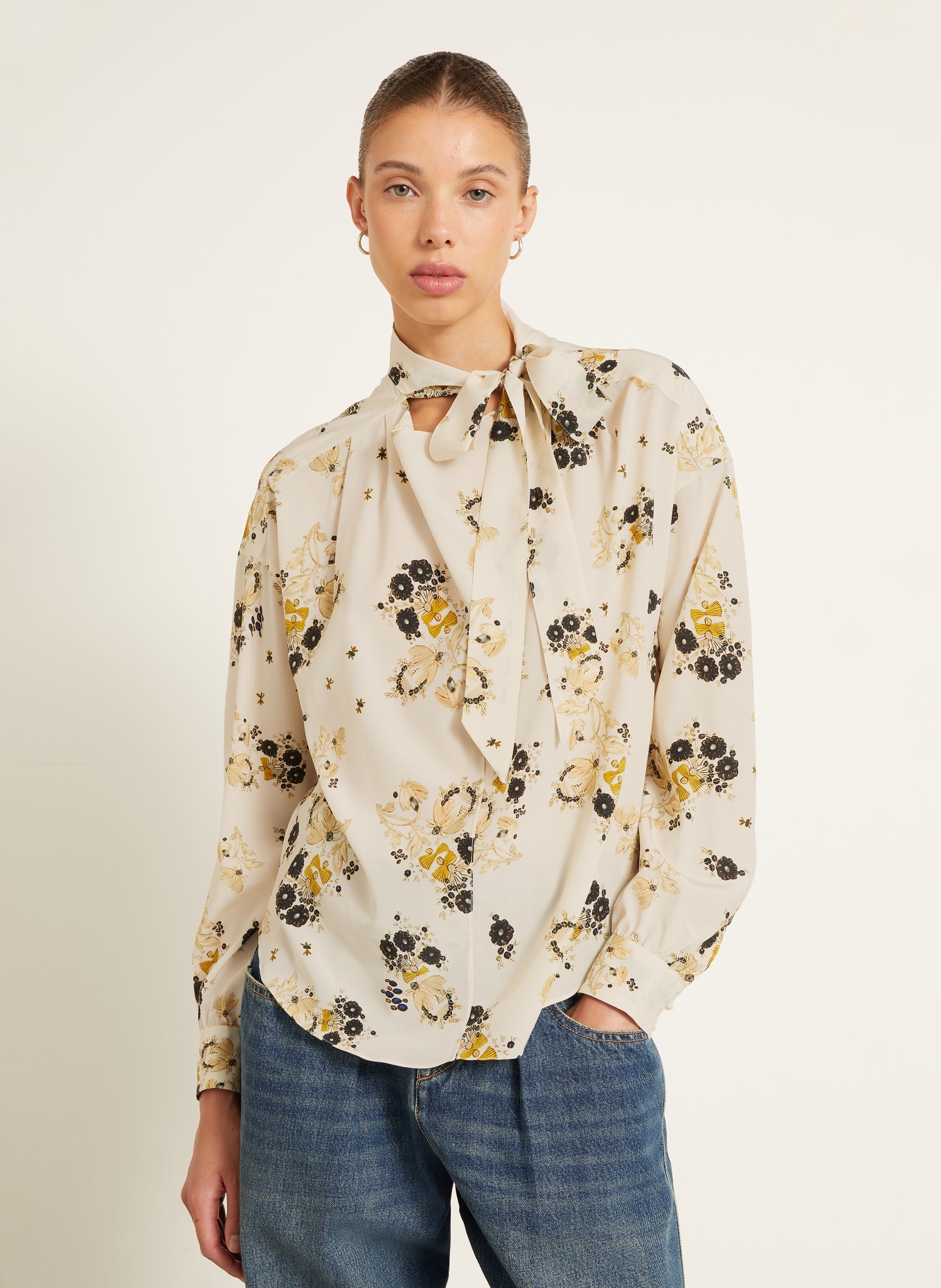 ISABEL MARANT FEDRY Tie-neck blouse with Silk: ECRU / DARK YELLOW / BLACK