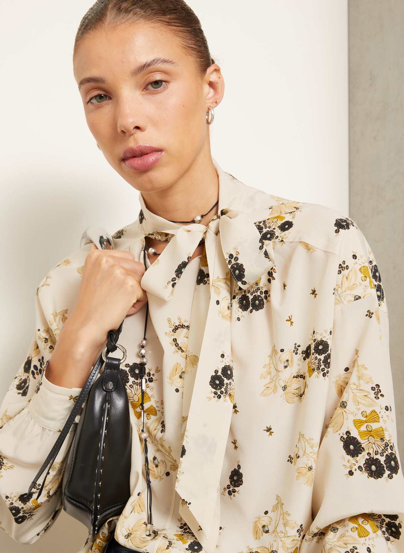 ISABEL MARANT FEDRY Tie-neck blouse with Silk: ECRU / DARK YELLOW / BLACK