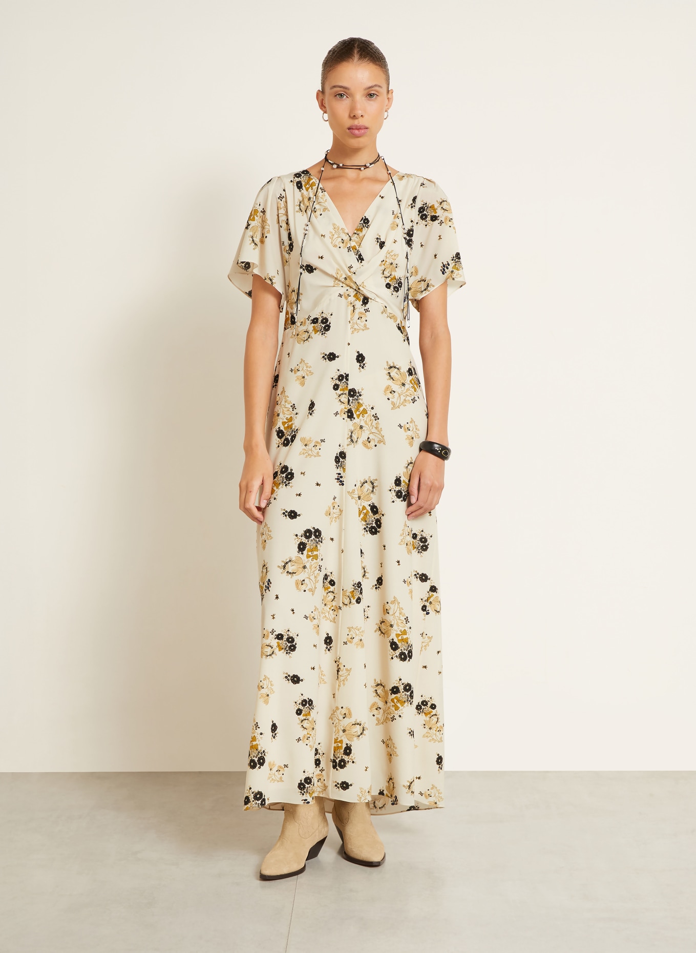 ISABEL MARANT FALJA-jurk met zijde: ECRU / DONKERGEEL / ZWART