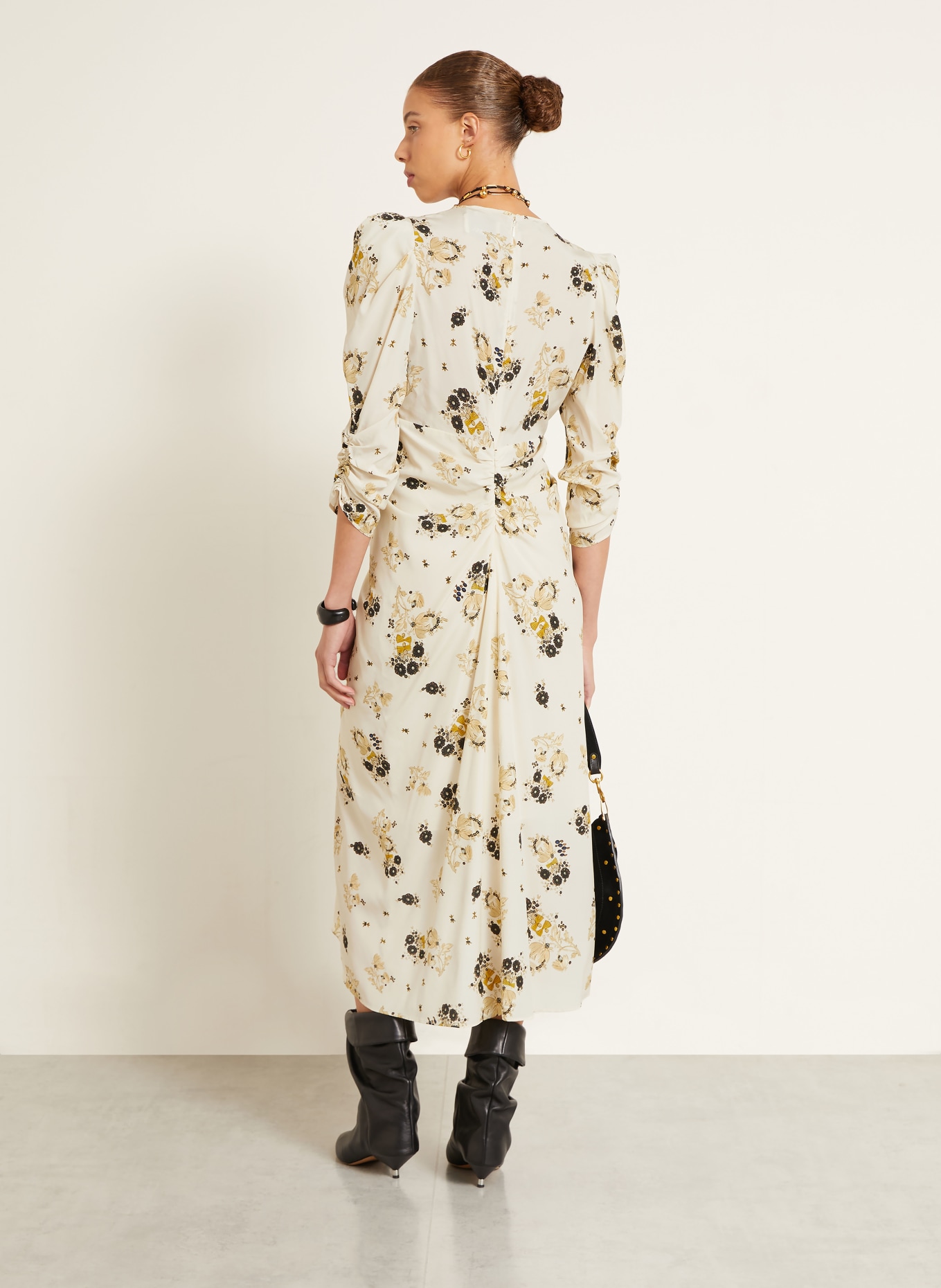 ISABEL MARANT Kleid ALBINI mit Seide und 3/4-Arm: ECRU / DUNKELGELB / SCHWARZ