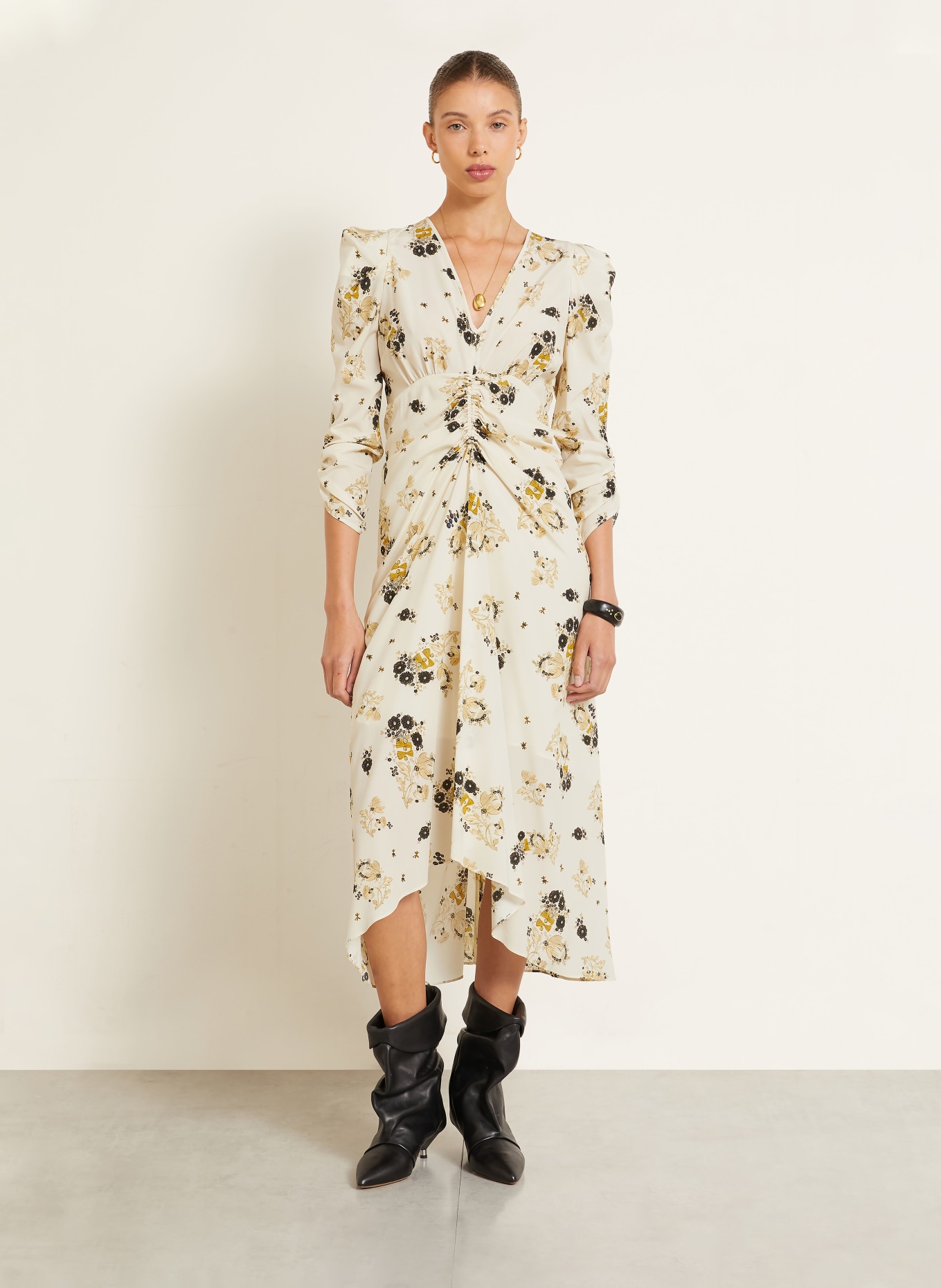 ISABEL MARANT Kleid ALBINI mit Seide und 3/4-Arm: ECRU / DUNKELGELB / SCHWARZ
