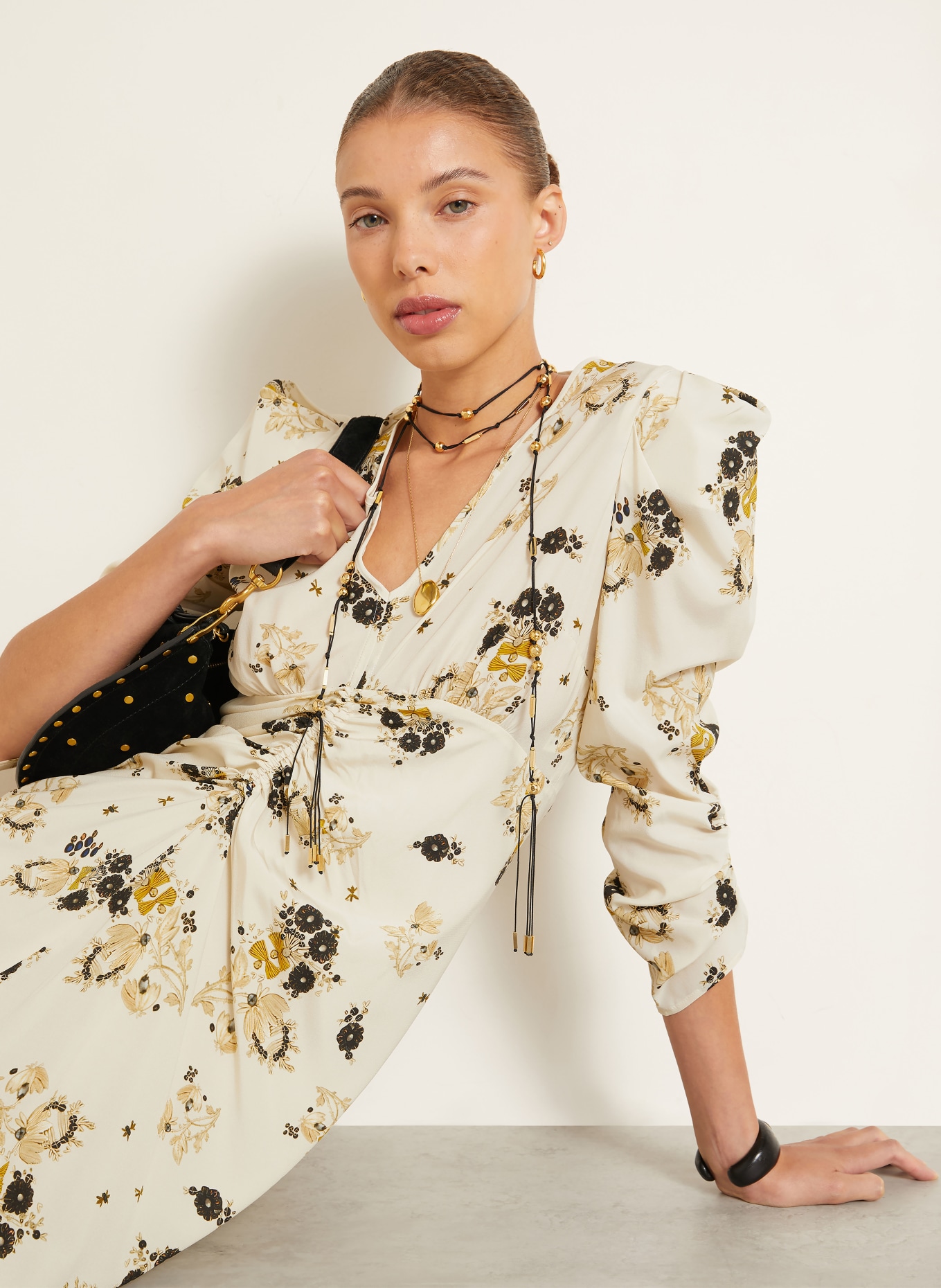 ISABEL MARANT Kleid ALBINI mit Seide und 3/4-Arm: ECRU / DUNKELGELB / SCHWARZ