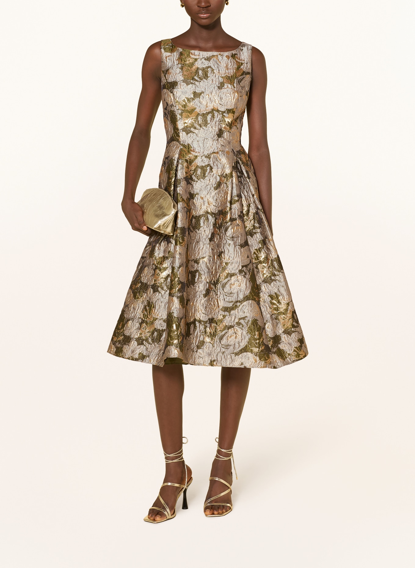 ADRIANNA PAPELL Jacquard cocktail dress with glitter thread: OLIVE / GOLD / TAUPE