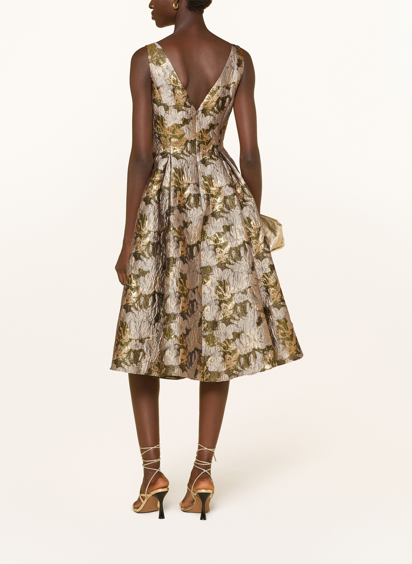 ADRIANNA PAPELL Jacquard cocktail dress with glitter thread: OLIVE / GOLD / TAUPE