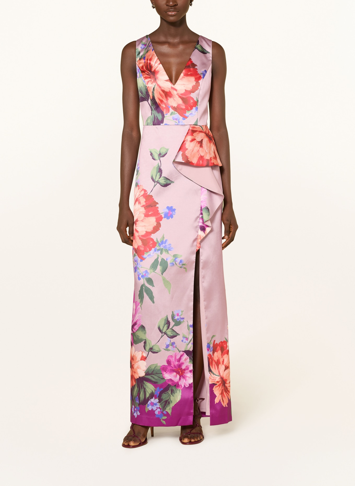 ADRIANNA PAPELL Evening dress with flounces: DUSKY PINK / ORANGE / GREEN