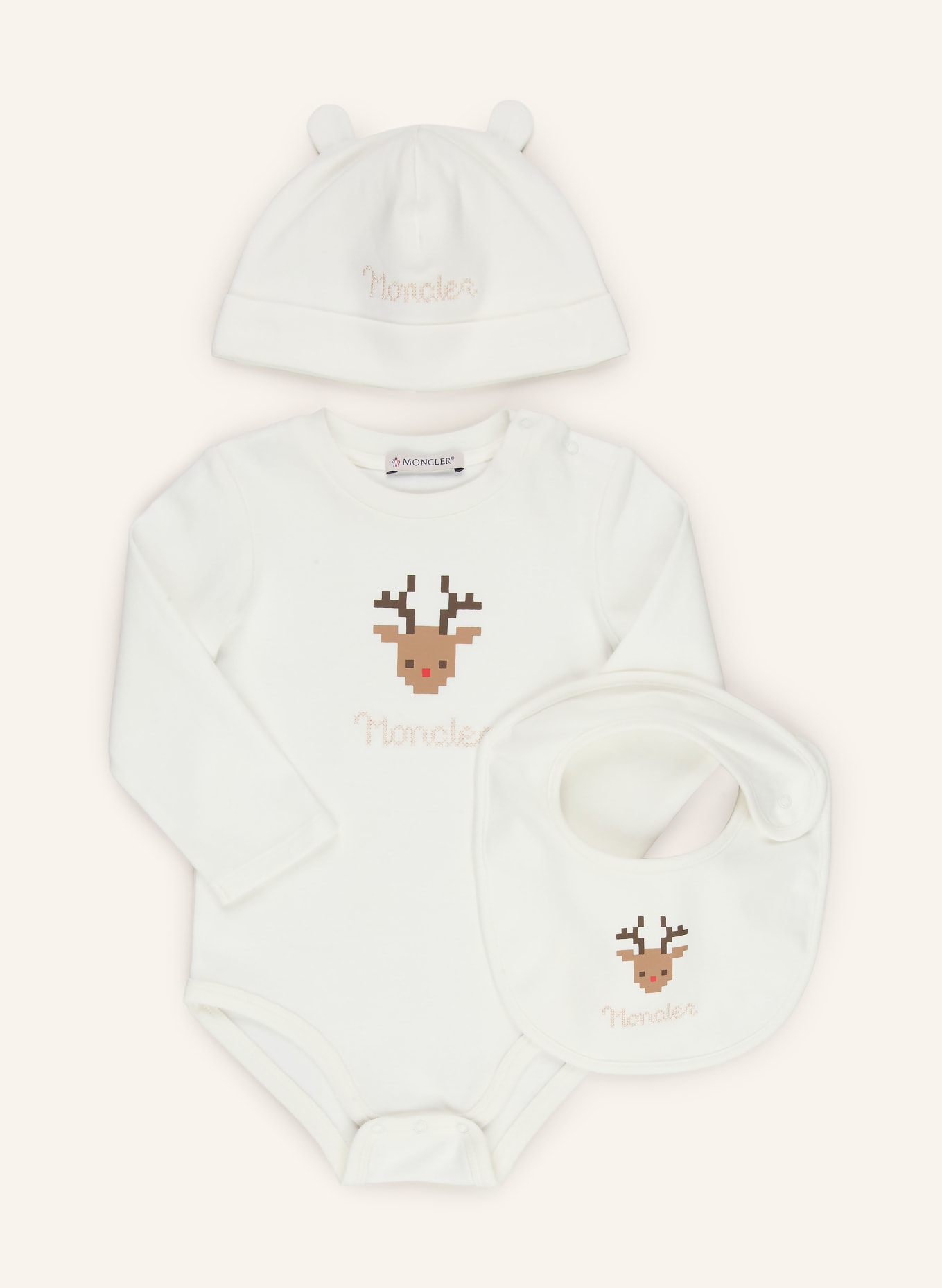 MONCLER enfant Set: Body, Mütze und Lätzchen: ECRU / DUNKELBRAUN / BRAUN