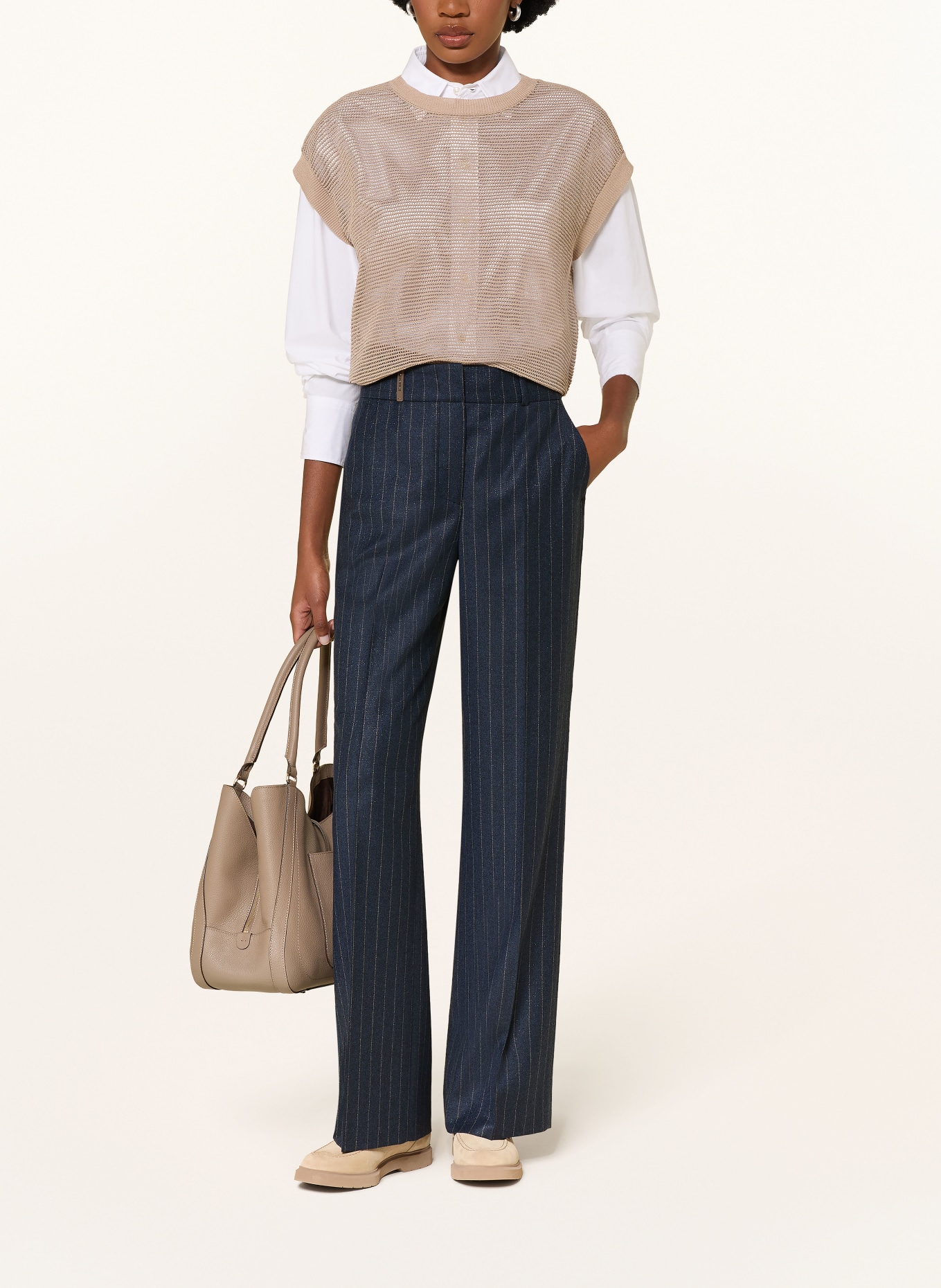 PESERICO Wide-leg trousers with glitter thread: DARK BLUE / LIGHT BROWN