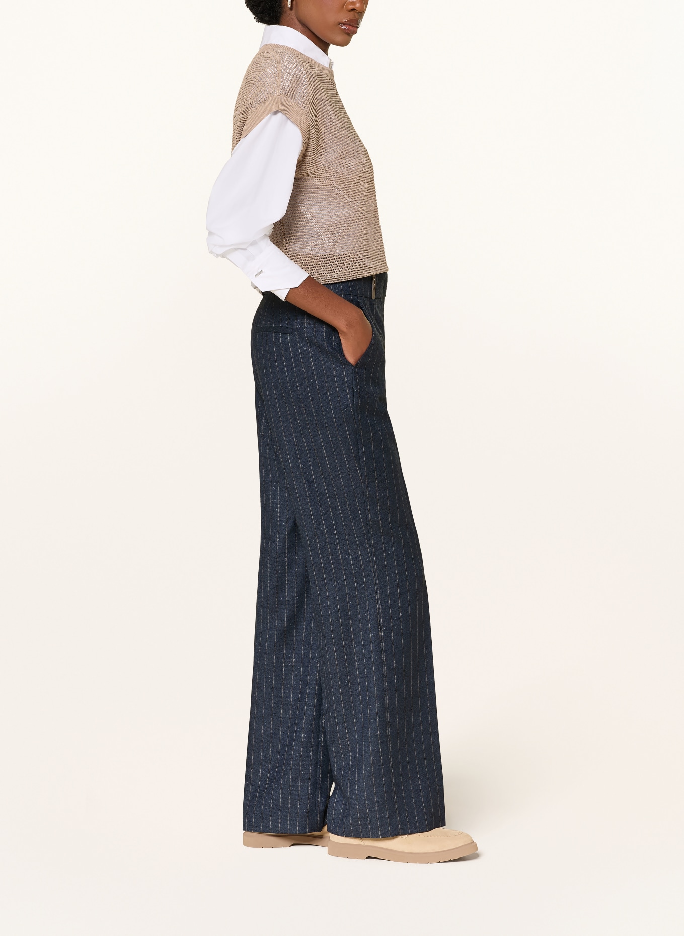 PESERICO Wide-leg trousers with glitter thread: DARK BLUE / LIGHT BROWN