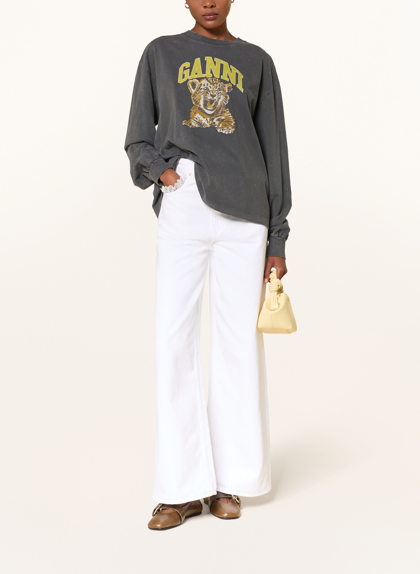 GANNI Longsleeve: DUNKELGRAU / BRAUN / GELB