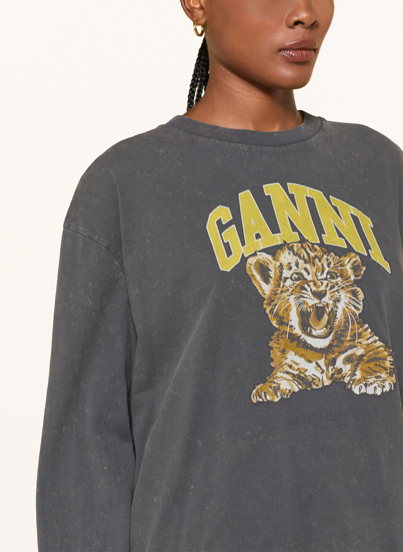 GANNI Longsleeve: DUNKELGRAU / BRAUN / GELB
