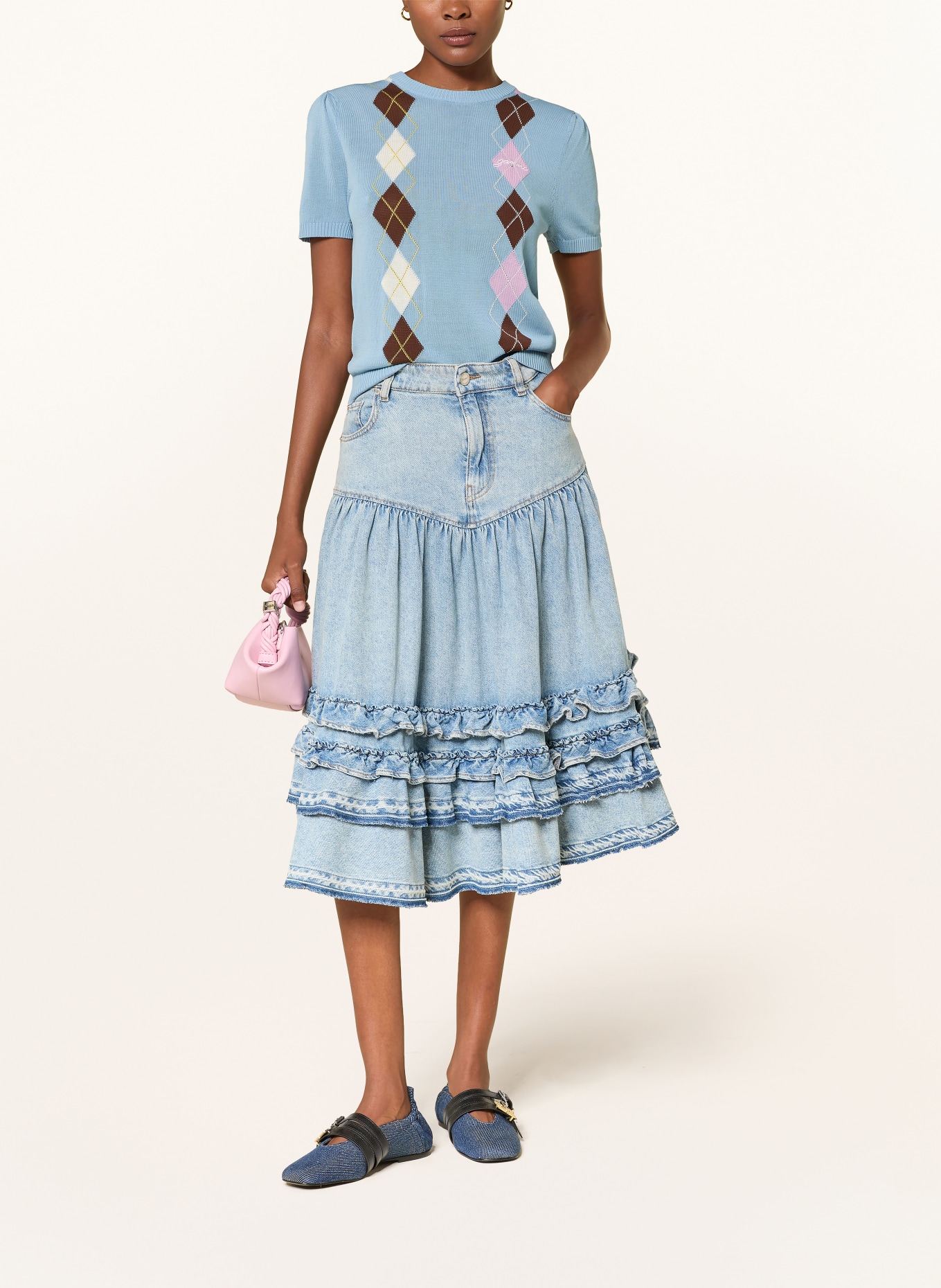 GANNI Knit shirt: LIGHT BLUE / DARK BROWN / PINK