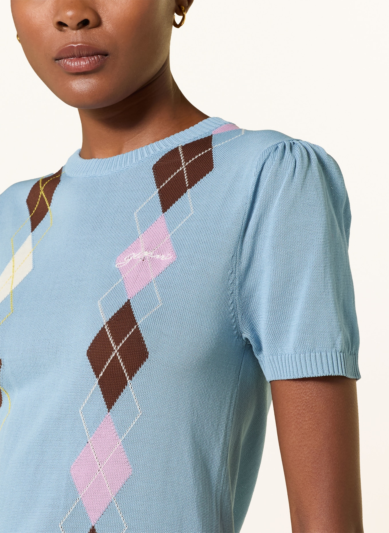 GANNI Knit shirt: LIGHT BLUE / DARK BROWN / PINK