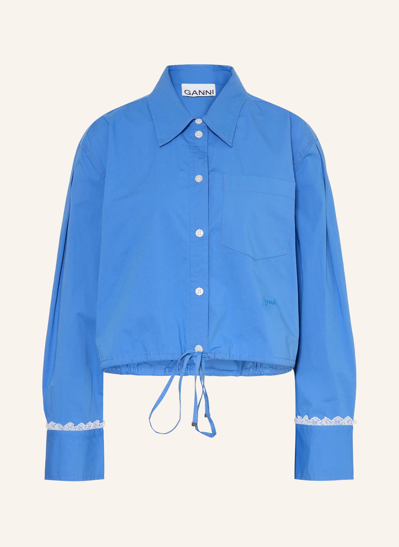 GANNI Hemdbluse mit Spitze: BLAU / WEISS