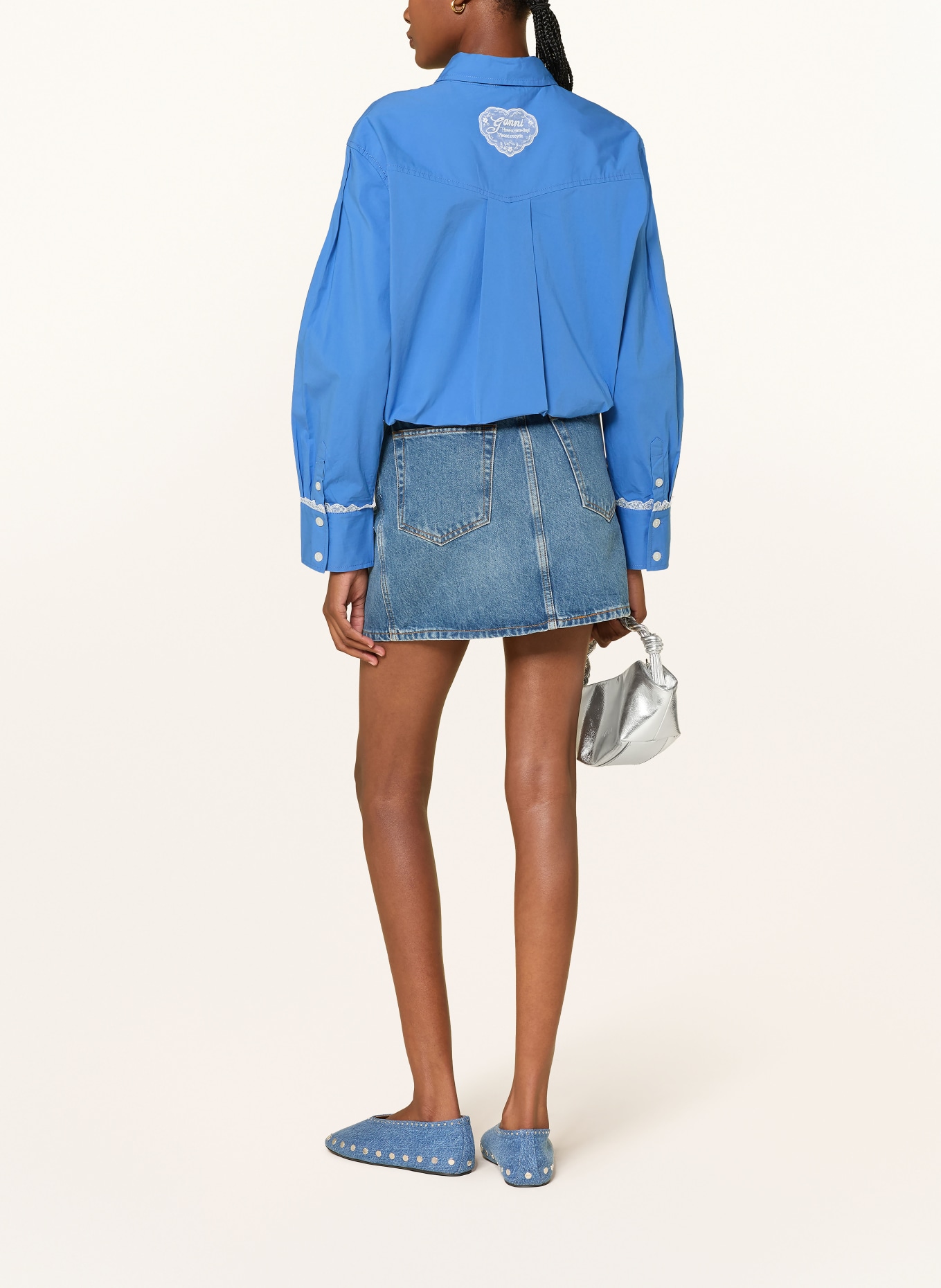 GANNI Hemdbluse mit Spitze: BLAU / WEISS