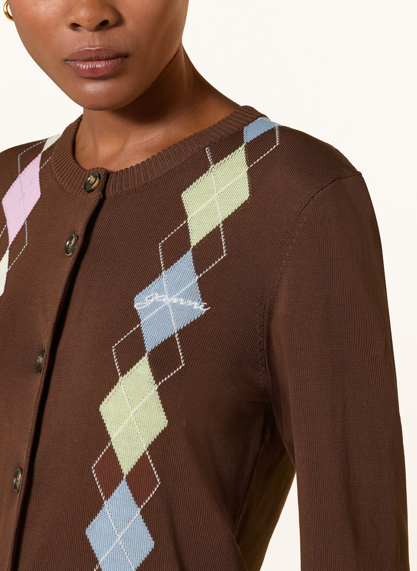 GANNI Cardigan: BROWN / PINK / LIGHT GREEN