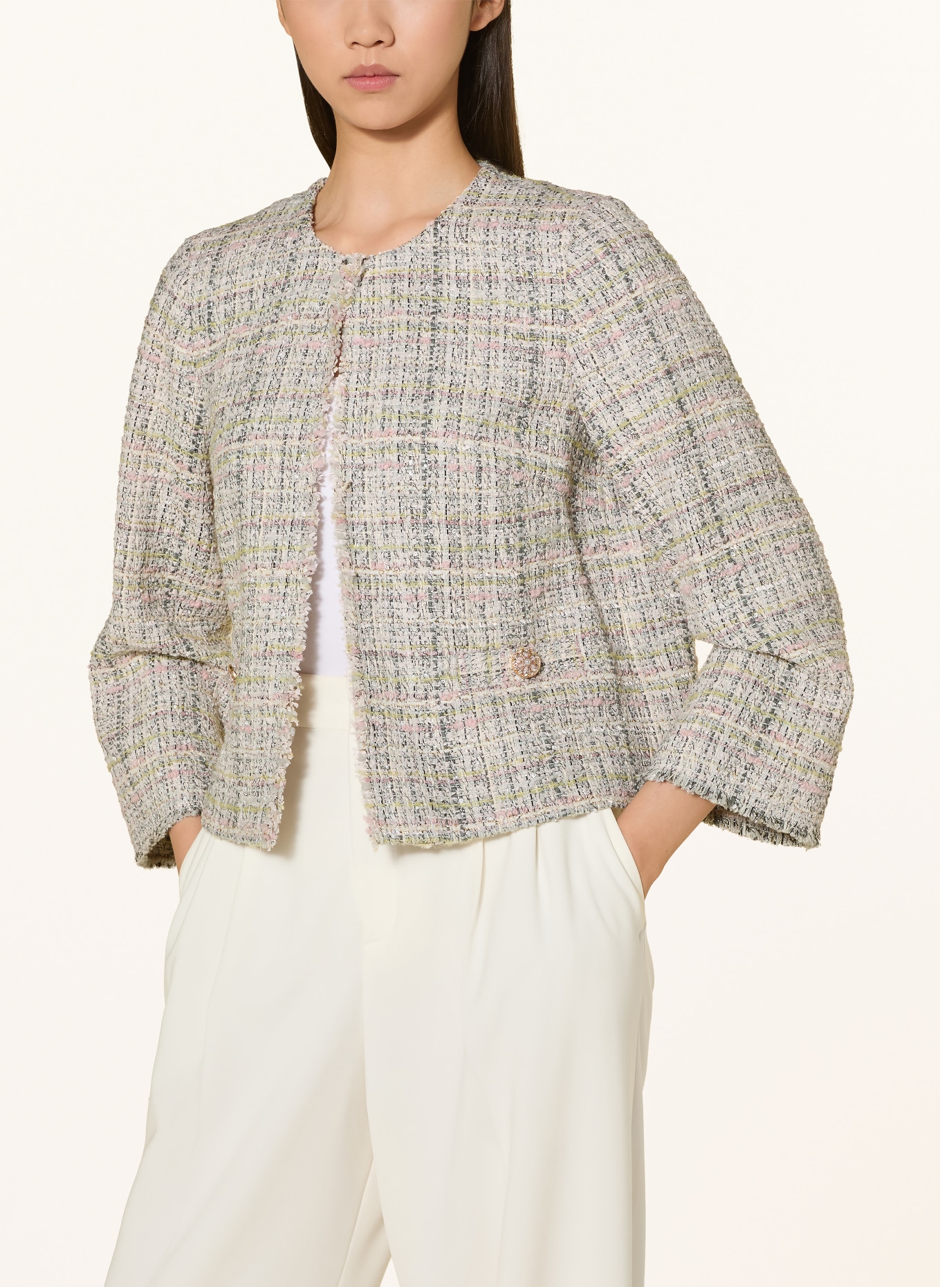 JOOP! Bouclé-jas JEMINA met glittergaren en siersteentjes: ROSE CLAIR / LICHTGEEL / WIT