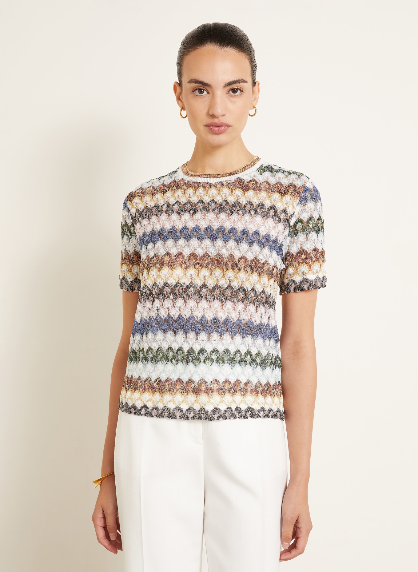 MISSONI Strickshirt mit Glitzergarn: CREME / DUNKELGRÜN / BLAU