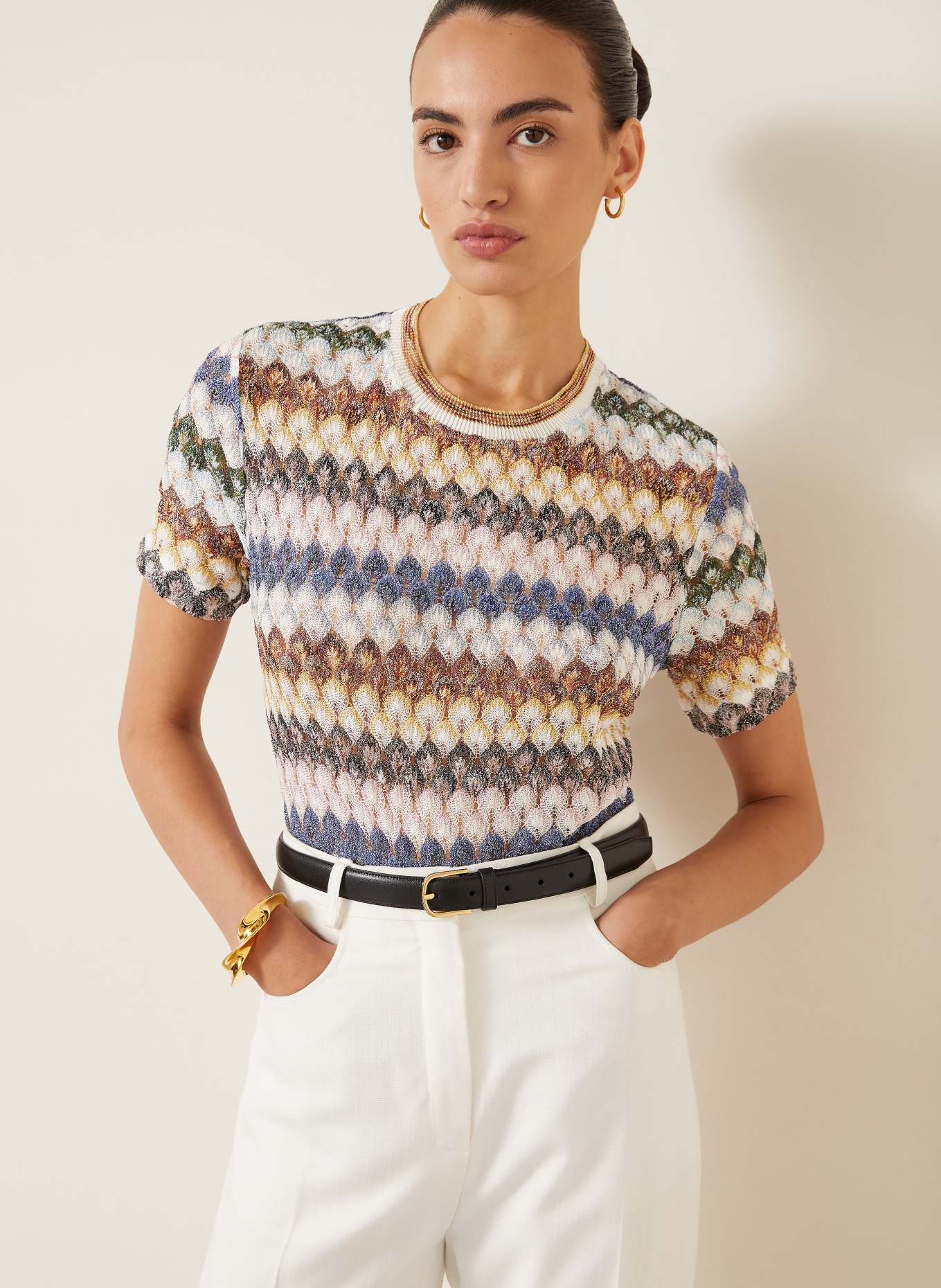 MISSONI Strickshirt mit Glitzergarn: CREME / DUNKELGRÜN / BLAU