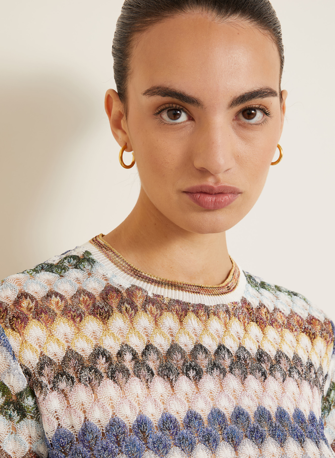 MISSONI Strickshirt mit Glitzergarn: CREME / DUNKELGRÜN / BLAU
