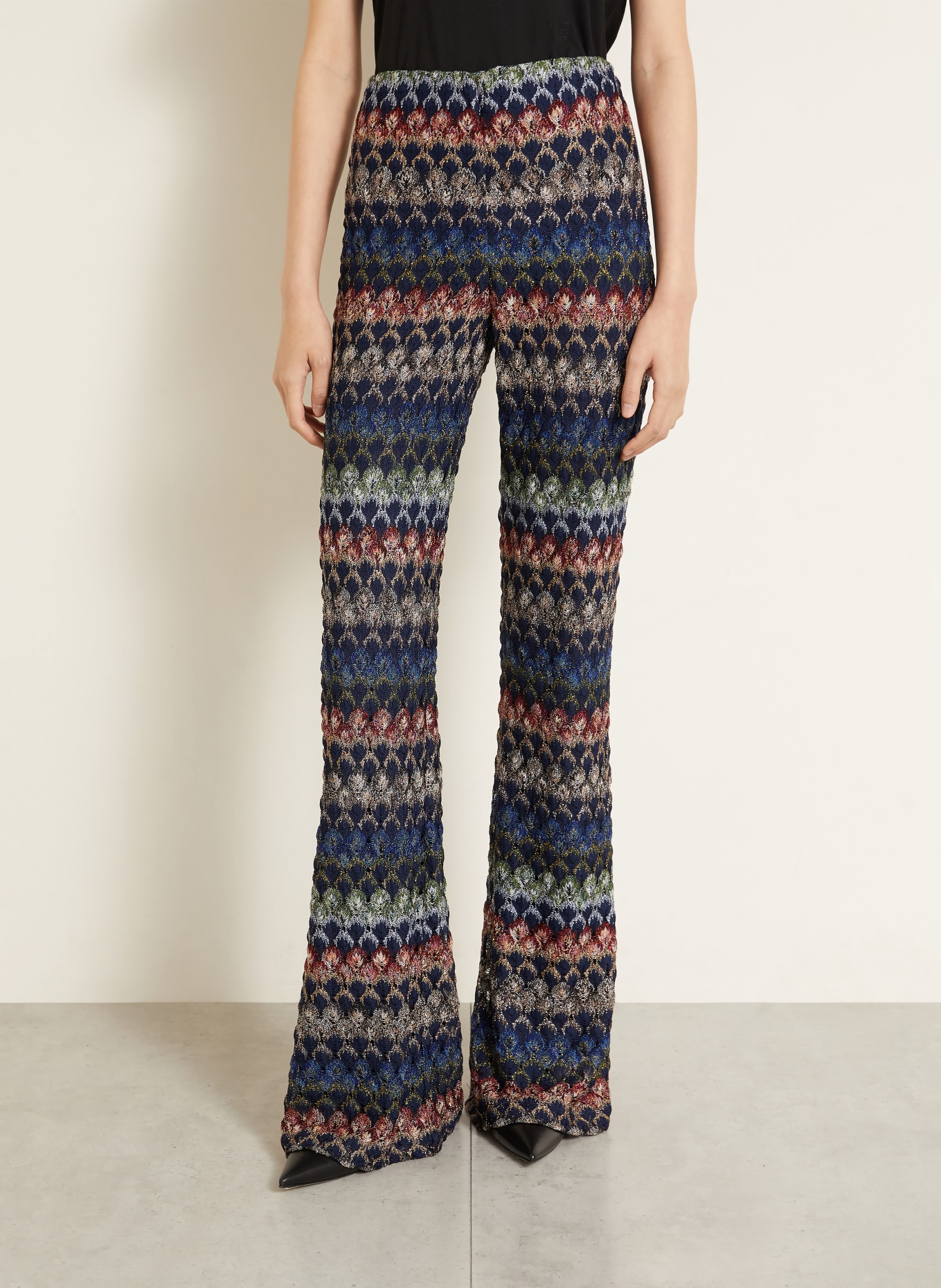 MISSONI Stickade byxor med glittergarn: MÖRKBLÅ / RÖD / GRÖN
