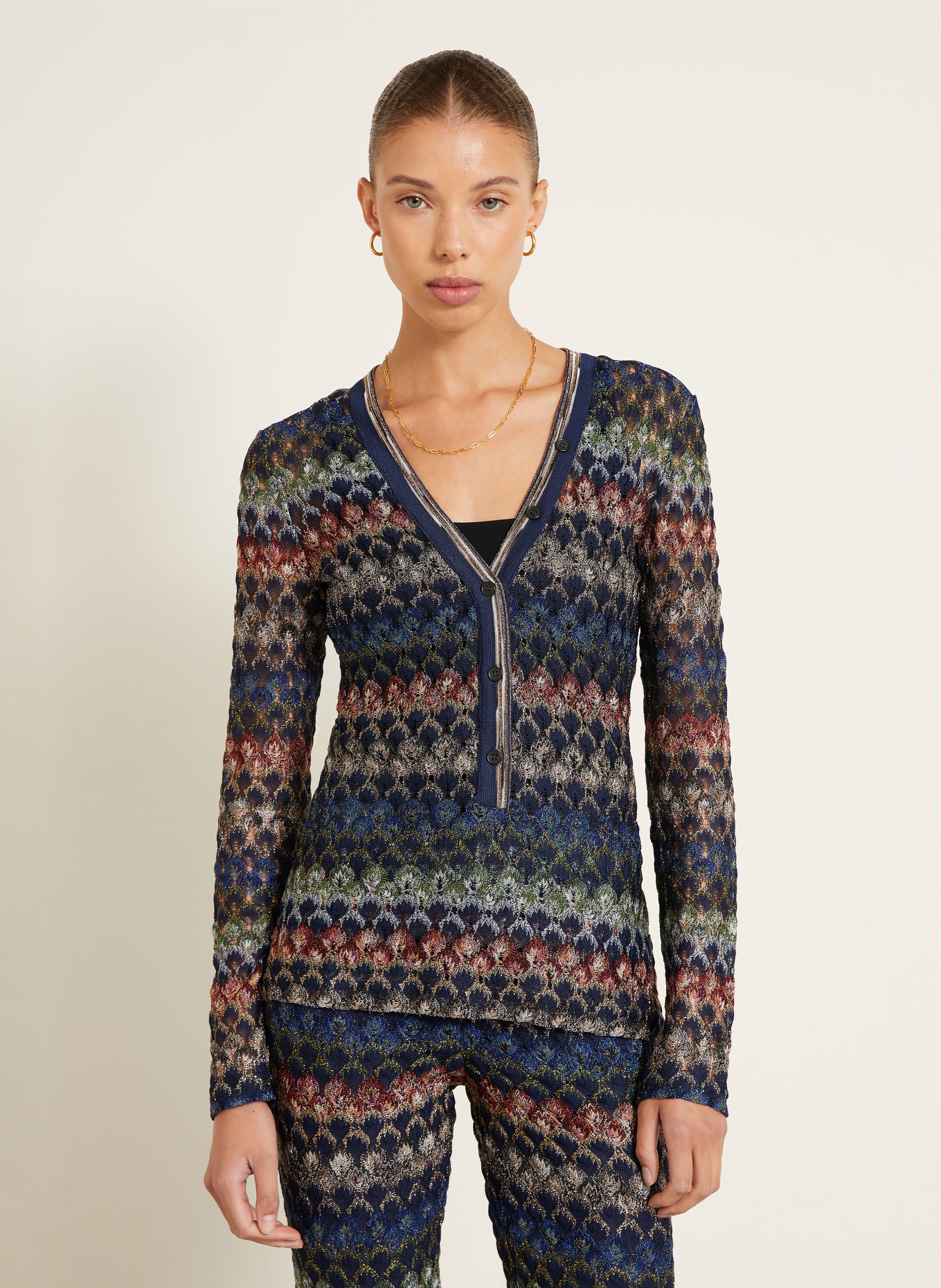 MISSONI Strickbluse mit Glitzergarn: DUNKELBLAU / ROT / GRÜN