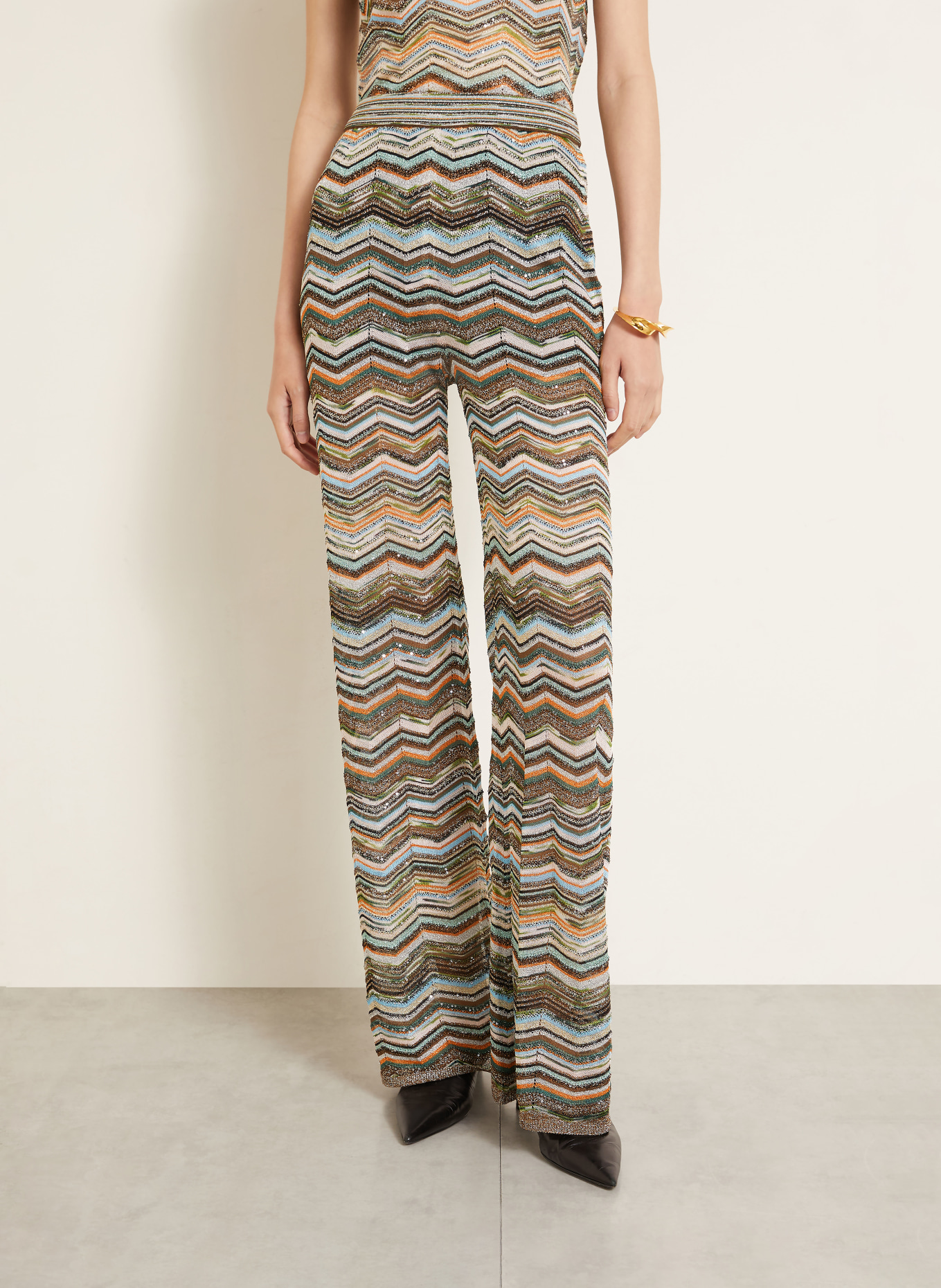 MISSONI Strickhose mit Glitzergarn und Pailletten: DUNKELBRAUN / ORANGE / TÜRKIS