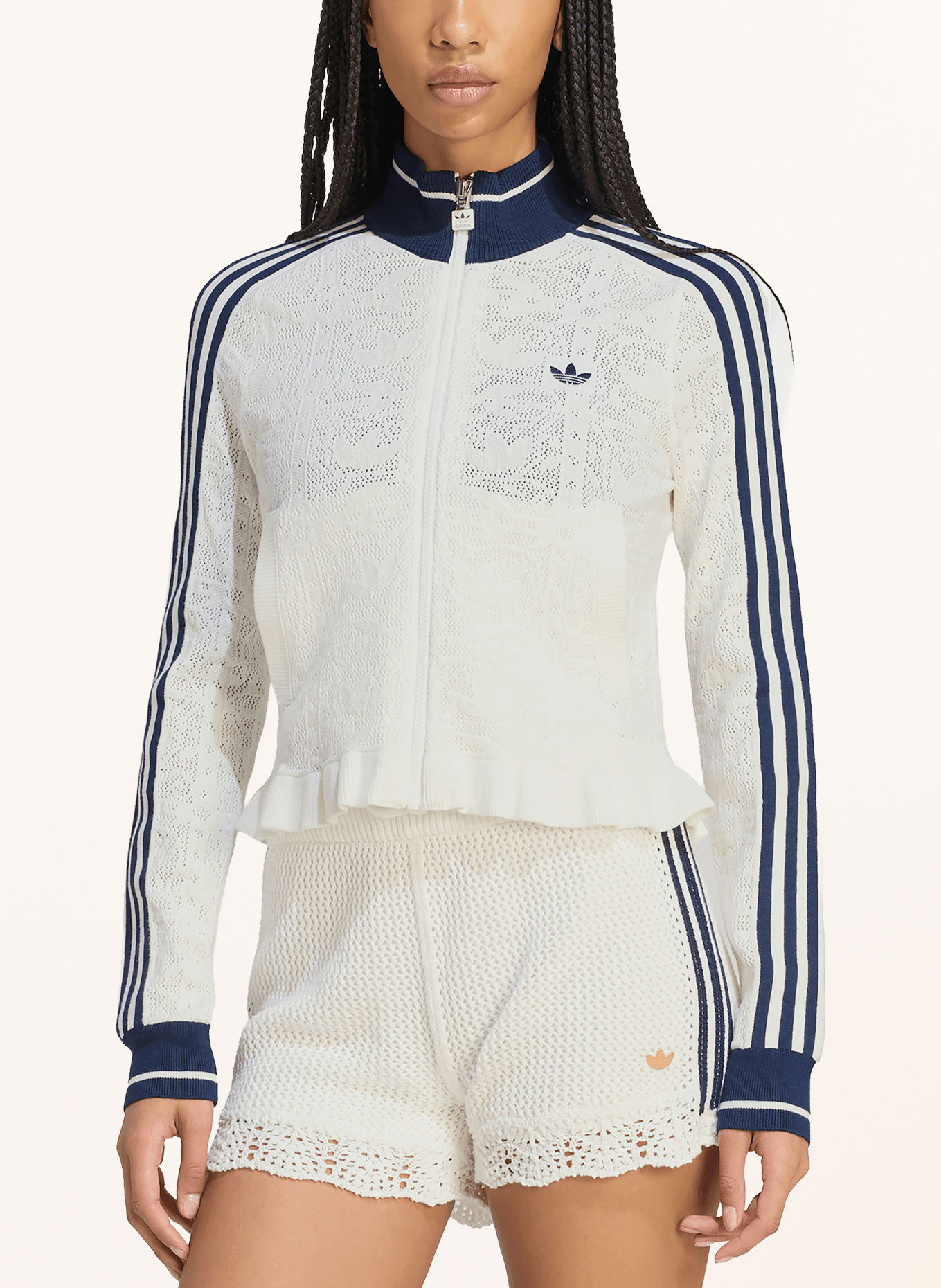 adidas Originals Strickjacke mit Galonstreifen: CREME / DUNKELBLAU