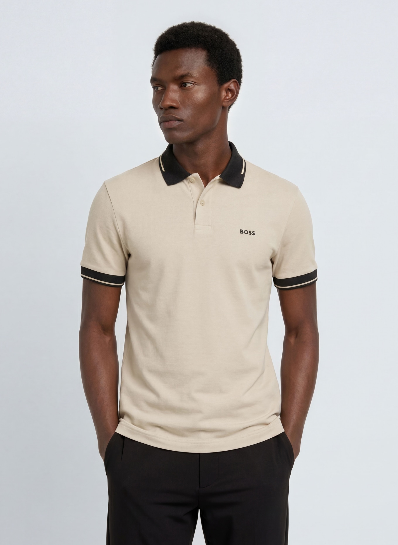 BOSS Jersey-polotröja NETWORK Slim Fit: BEIGE / SVART