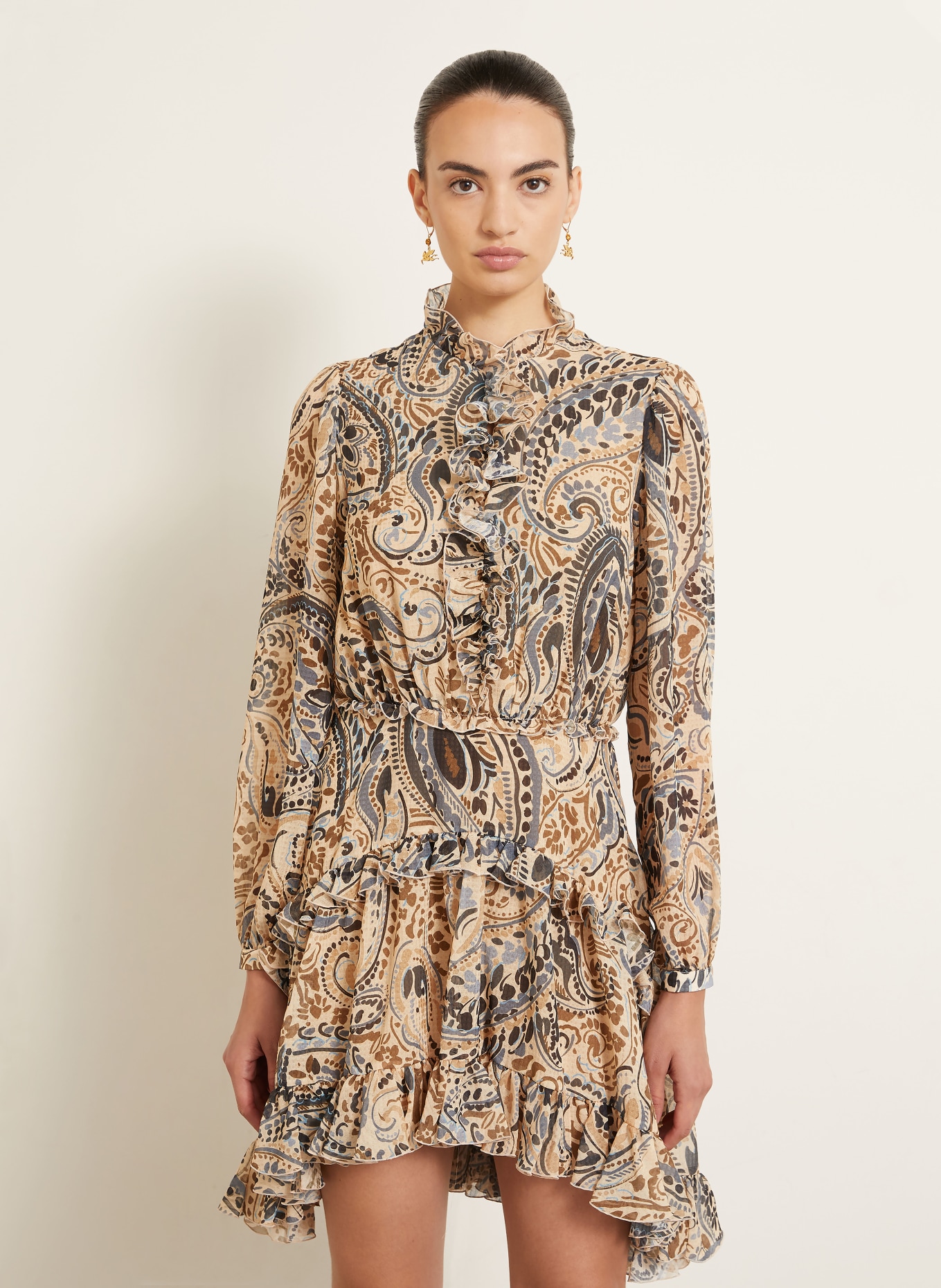 ETRO Robe de cocktail à volants: ORANGE CLAIR / MARRON / BLEU GRIS