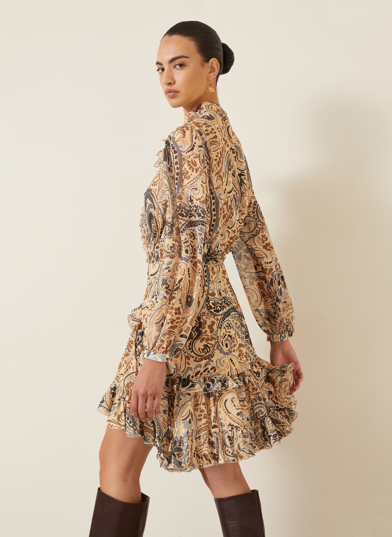ETRO Robe de cocktail à volants: ORANGE CLAIR / MARRON / BLEU GRIS