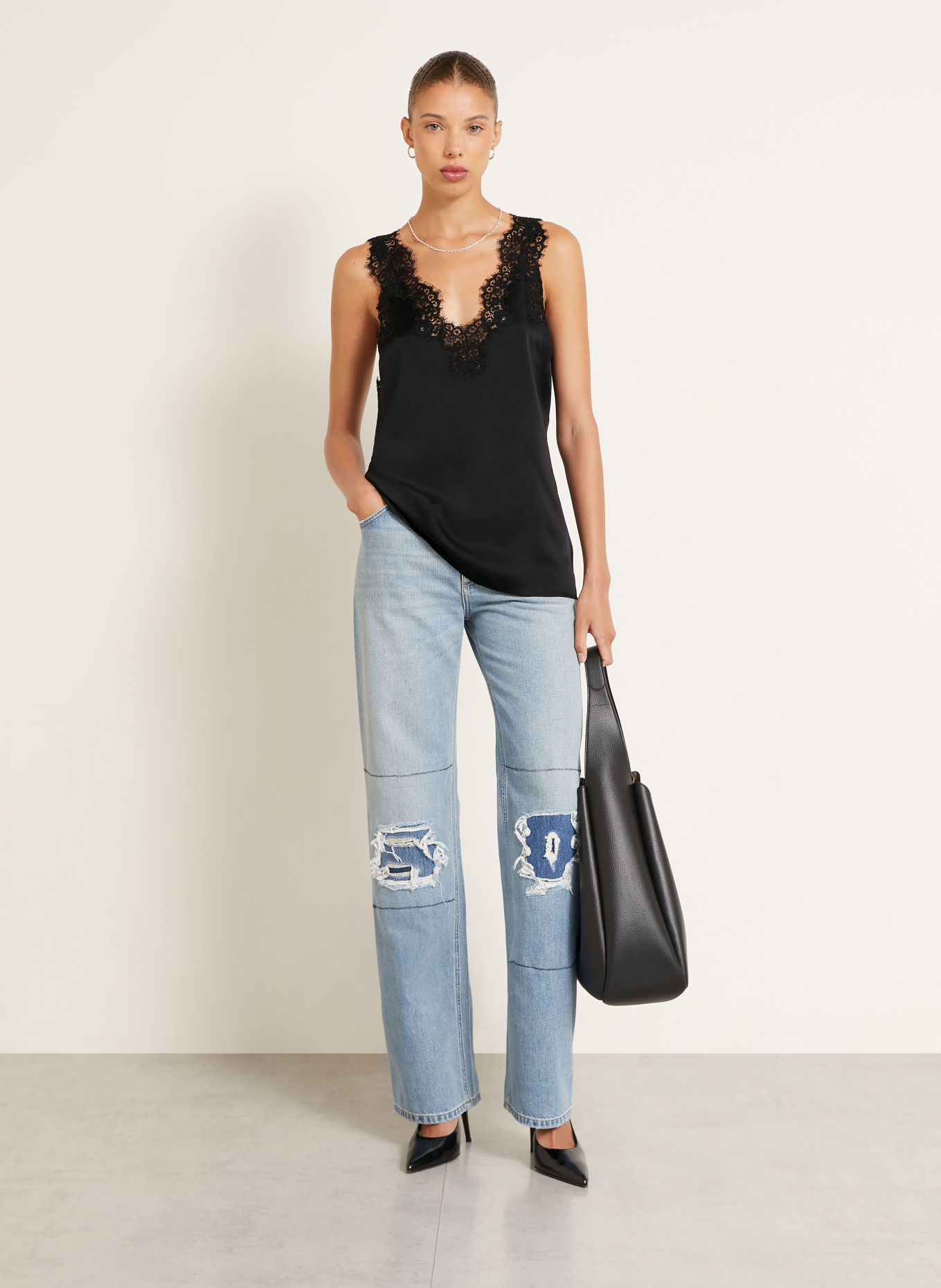STELLA McCARTNEY Satin top with lace: BLACK