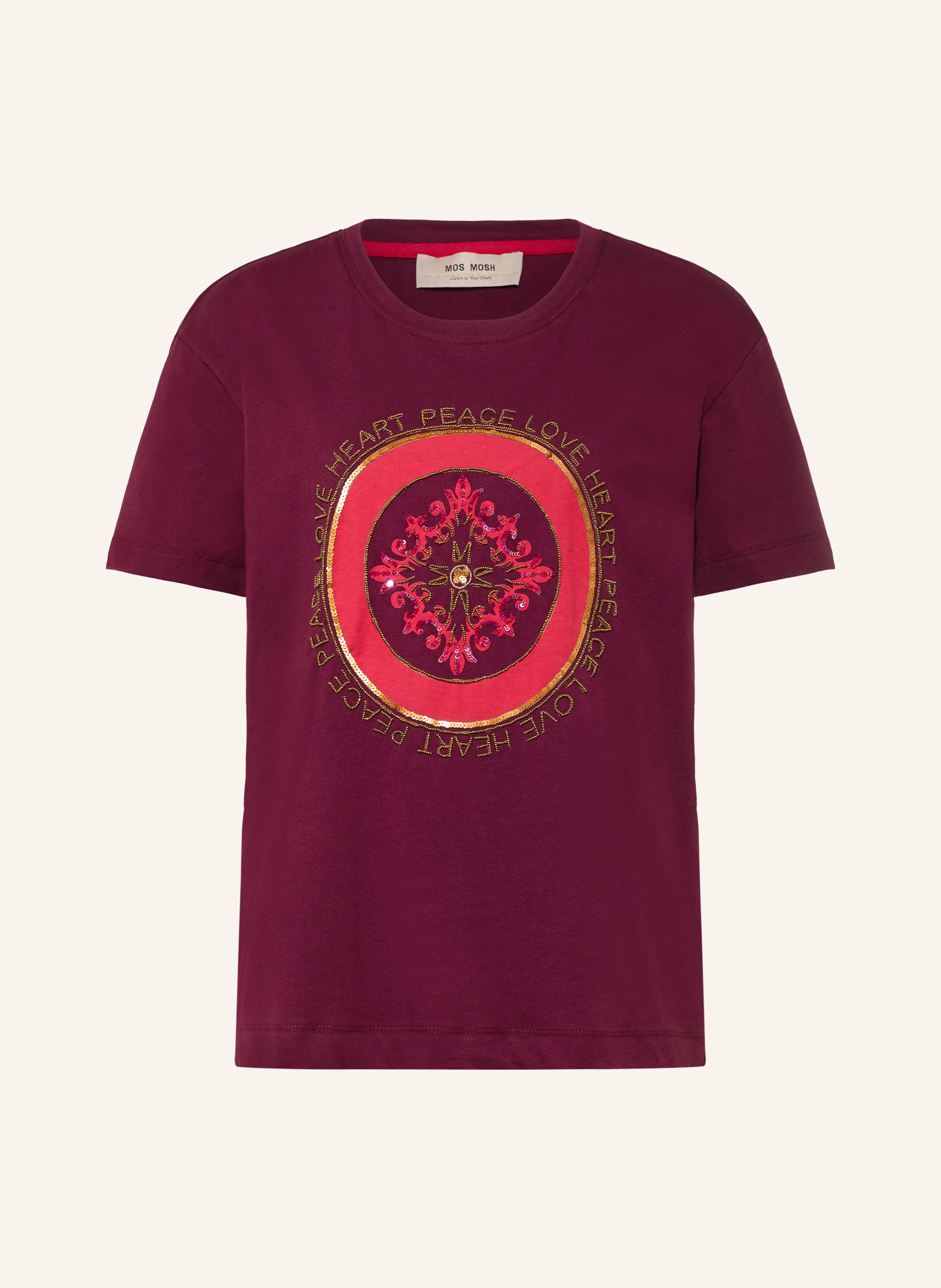 MOS MOSH T-shirt MMASLI met pailletten en sieradenparels: DONKERROOD / GOUD / ROOD