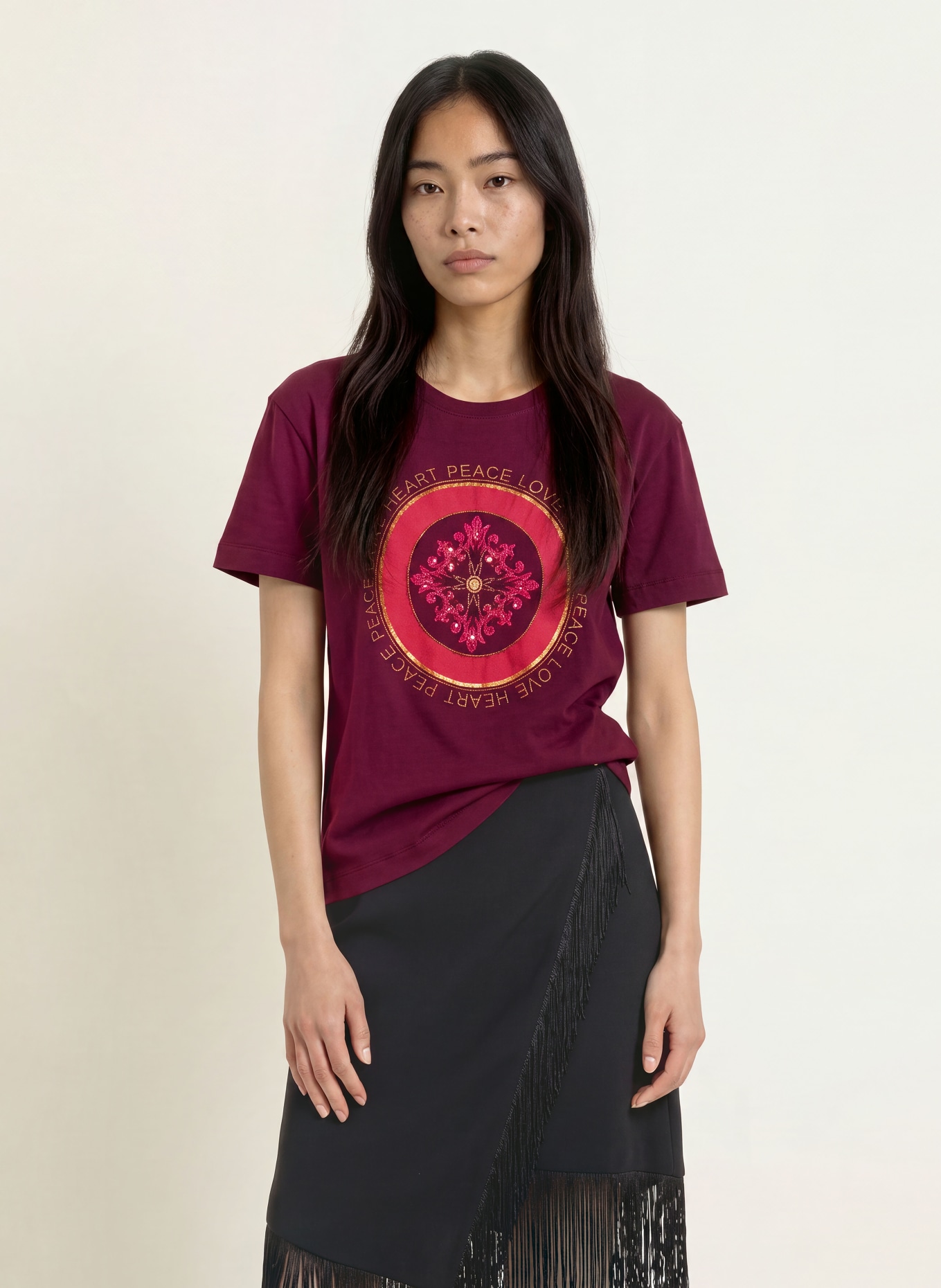 MOS MOSH T-shirt MMASLI met pailletten en sieradenparels: DONKERROOD / GOUD / ROOD
