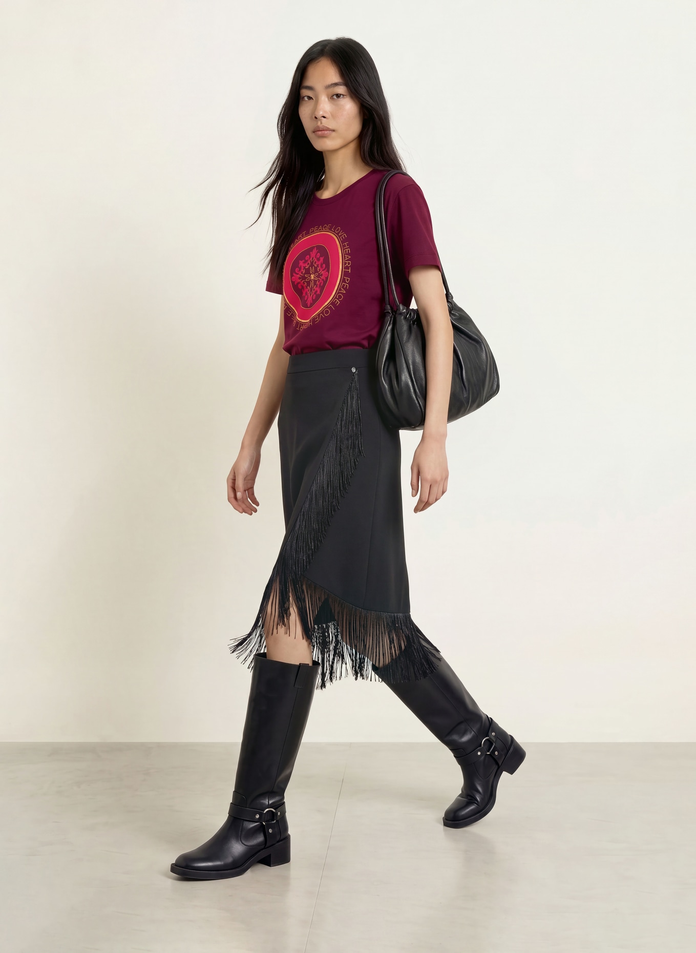 MOS MOSH T-shirt MMASLI met pailletten en sieradenparels: DONKERROOD / GOUD / ROOD