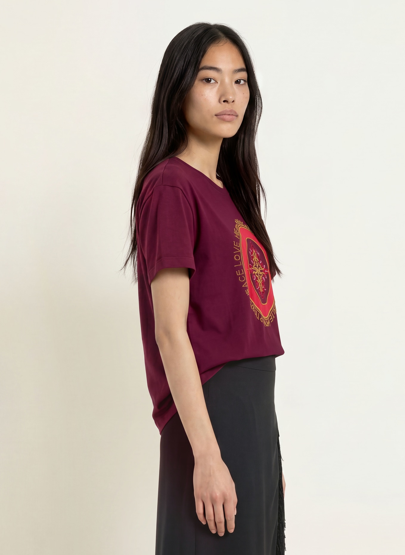 MOS MOSH T-shirt MMASLI met pailletten en sieradenparels: DONKERROOD / GOUD / ROOD