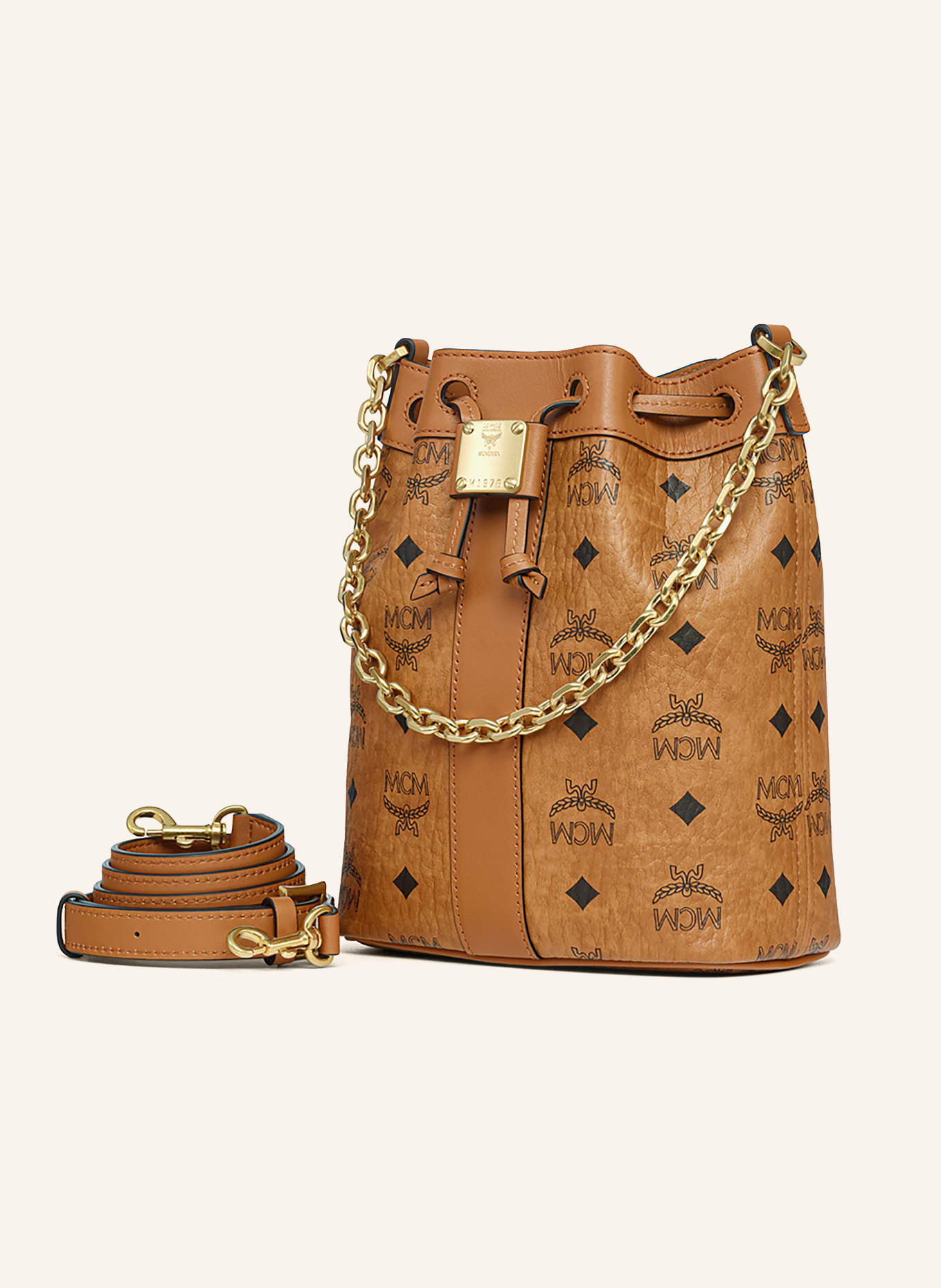 MCM DESSAU VISETOS Bucket bag: COGNAC / GOLD / BLACK