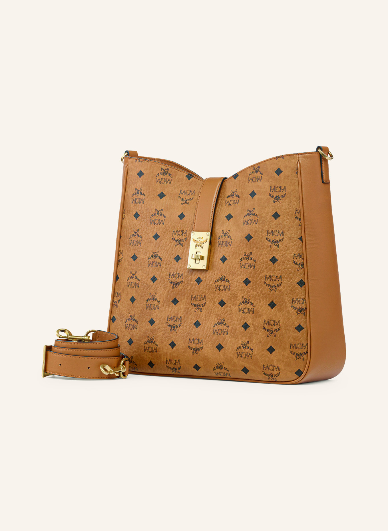 MCM TRACY VISETOS LARGE Crossbody Bag: COGNAC / GOLD / BLACK