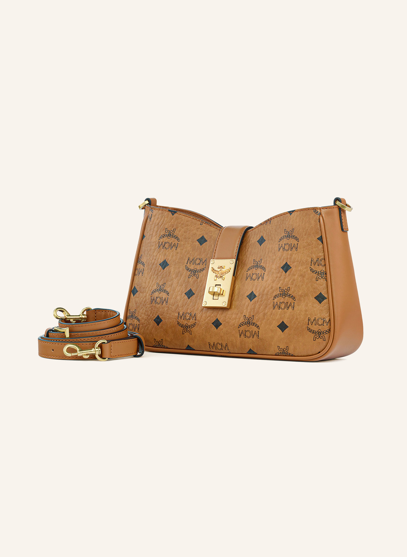 MCM TRACY VISETOS SMALL Crossbody Bag: COGNAC / GOLD / BLACK