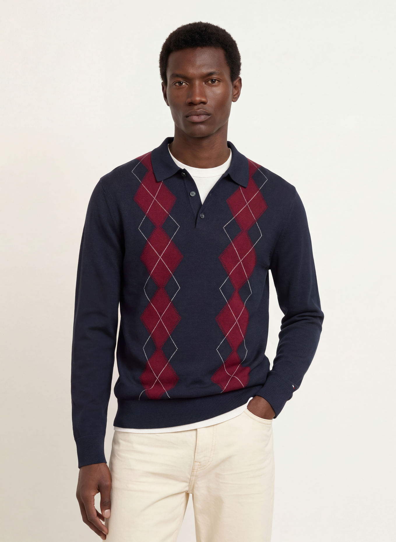 TOMMY HILFIGER Strikket poloshirt: MØRKEBLÅ / MØRKERØD / HVID