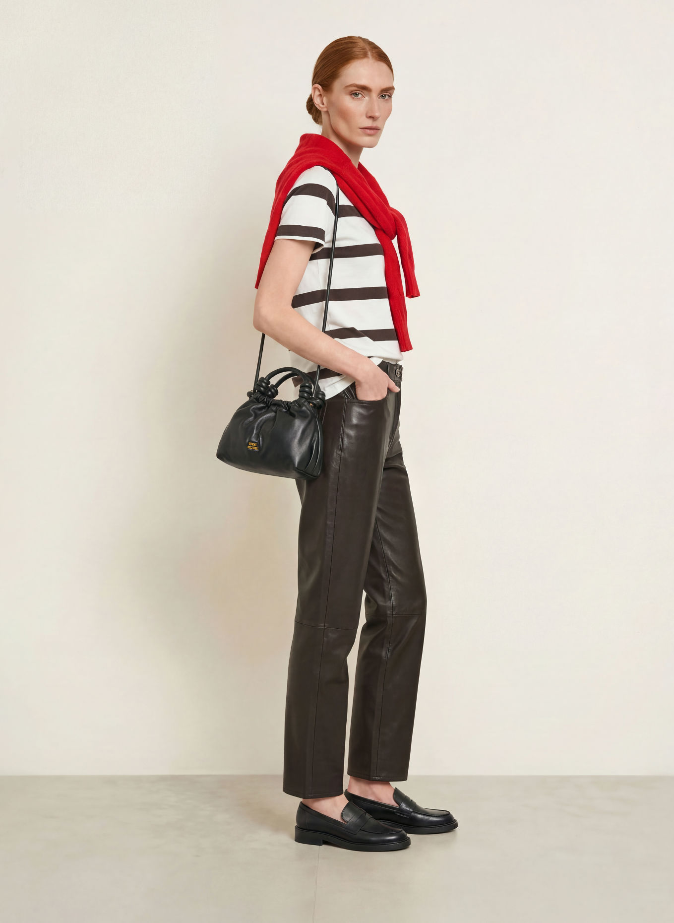 TOMMY HILFIGER Leren broek: MARRON FONCÉ