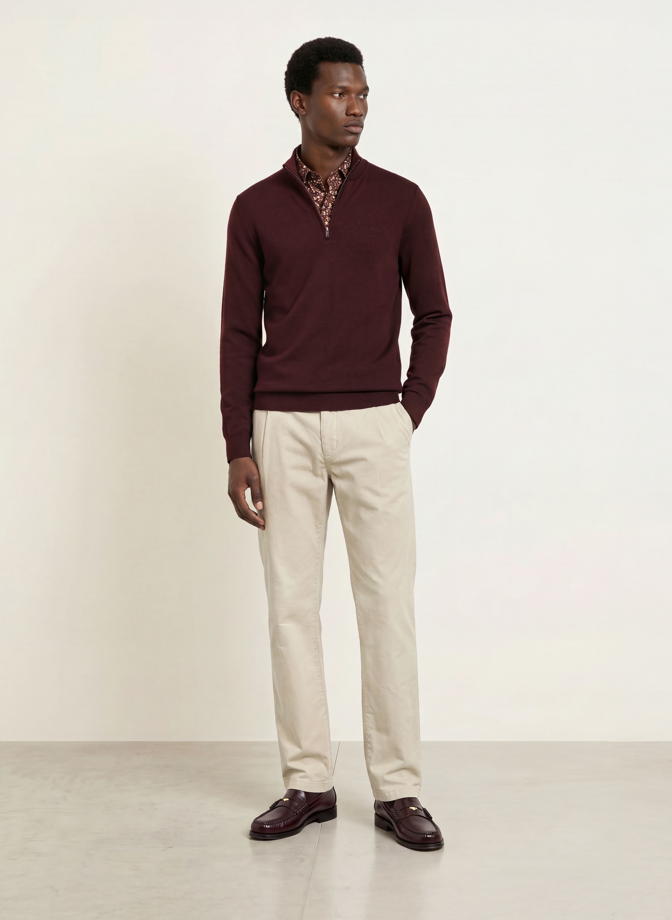 OLYMP Pull col zippé en laine mérinos: ROUGE FONCÉ