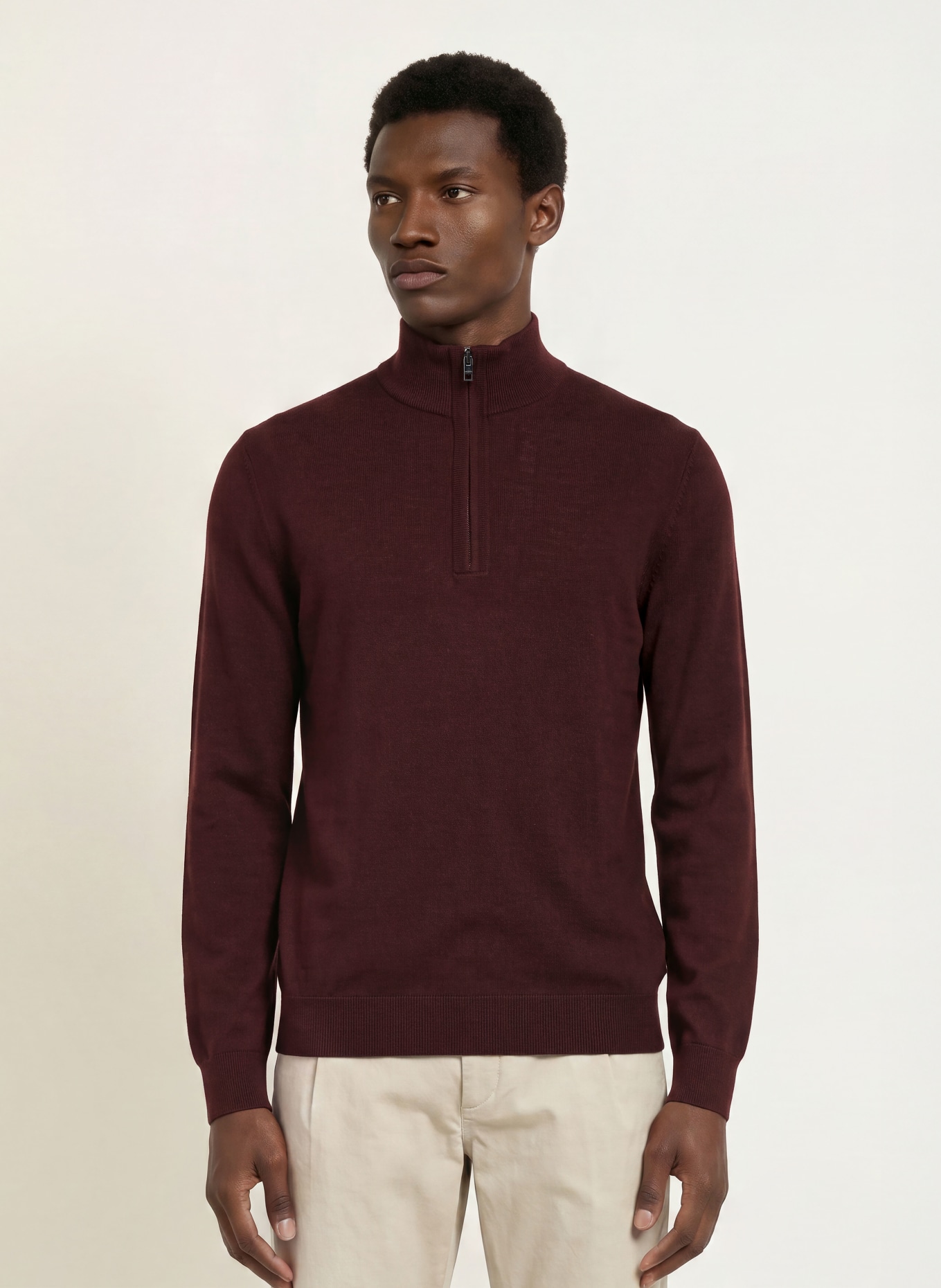 OLYMP Pull col zippé en laine mérinos: ROUGE FONCÉ