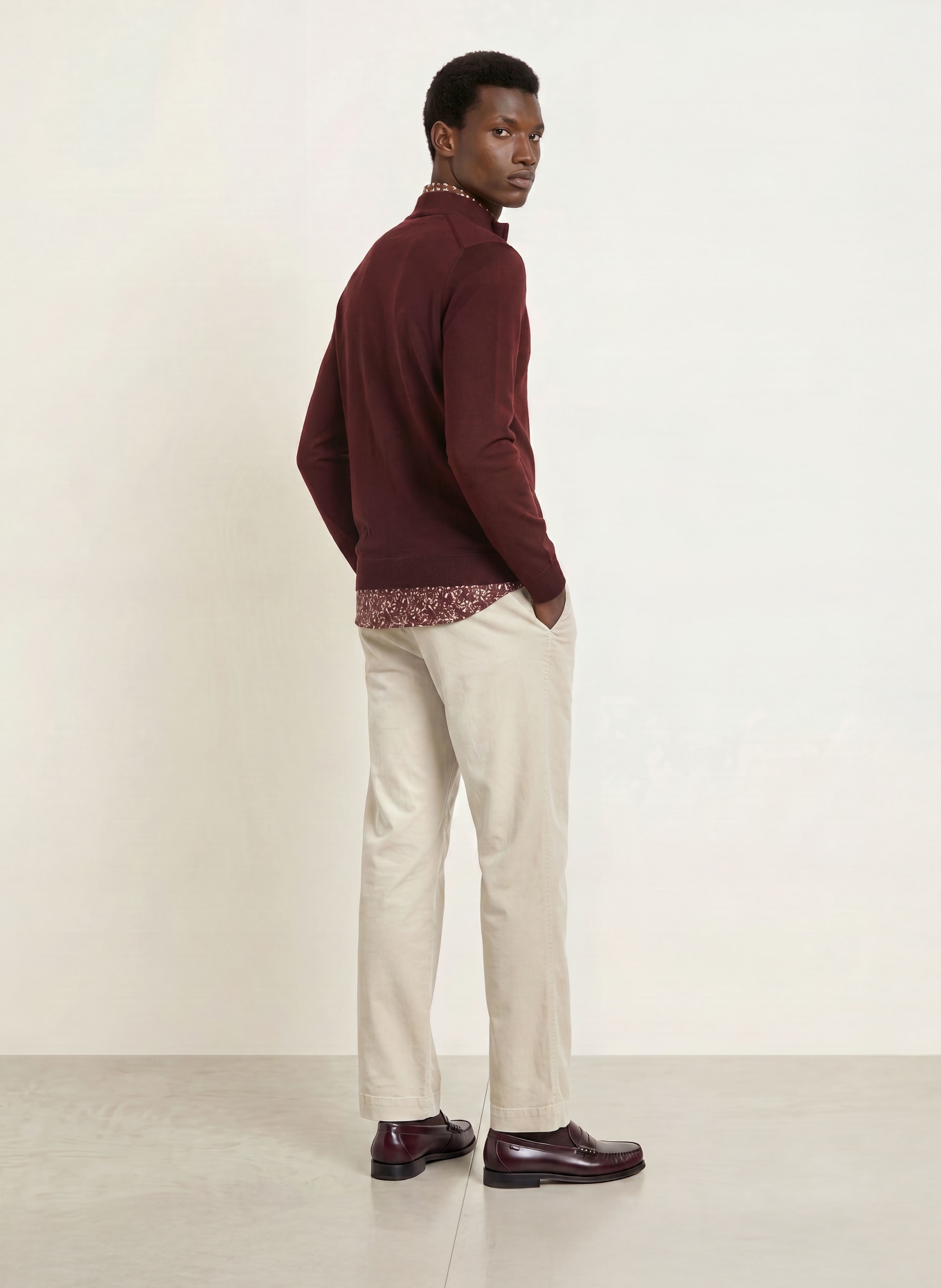 OLYMP Pull col zippé en laine mérinos: ROUGE FONCÉ