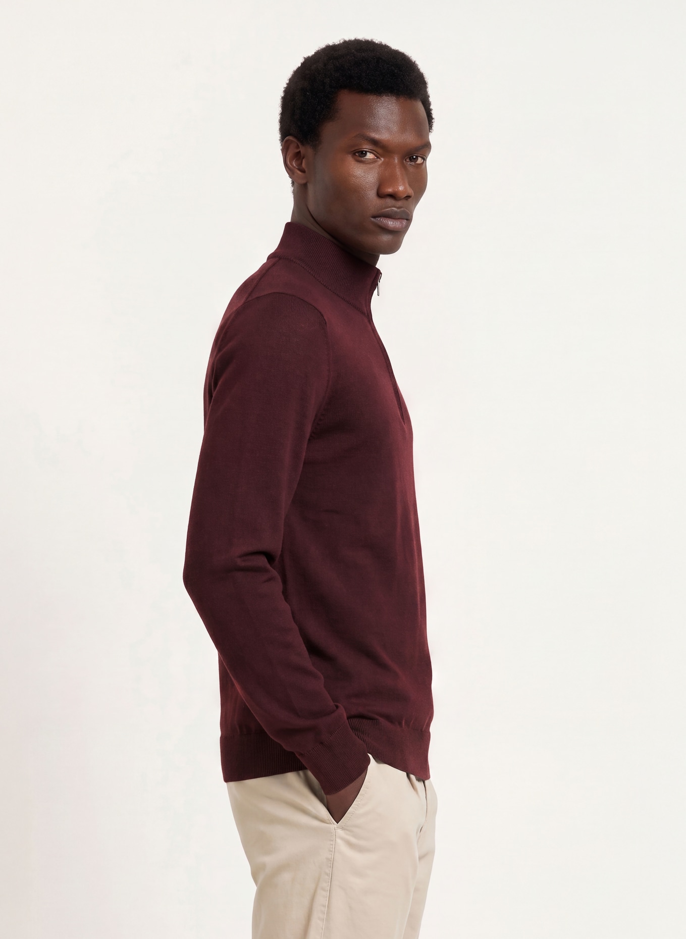 OLYMP Pull col zippé en laine mérinos: ROUGE FONCÉ