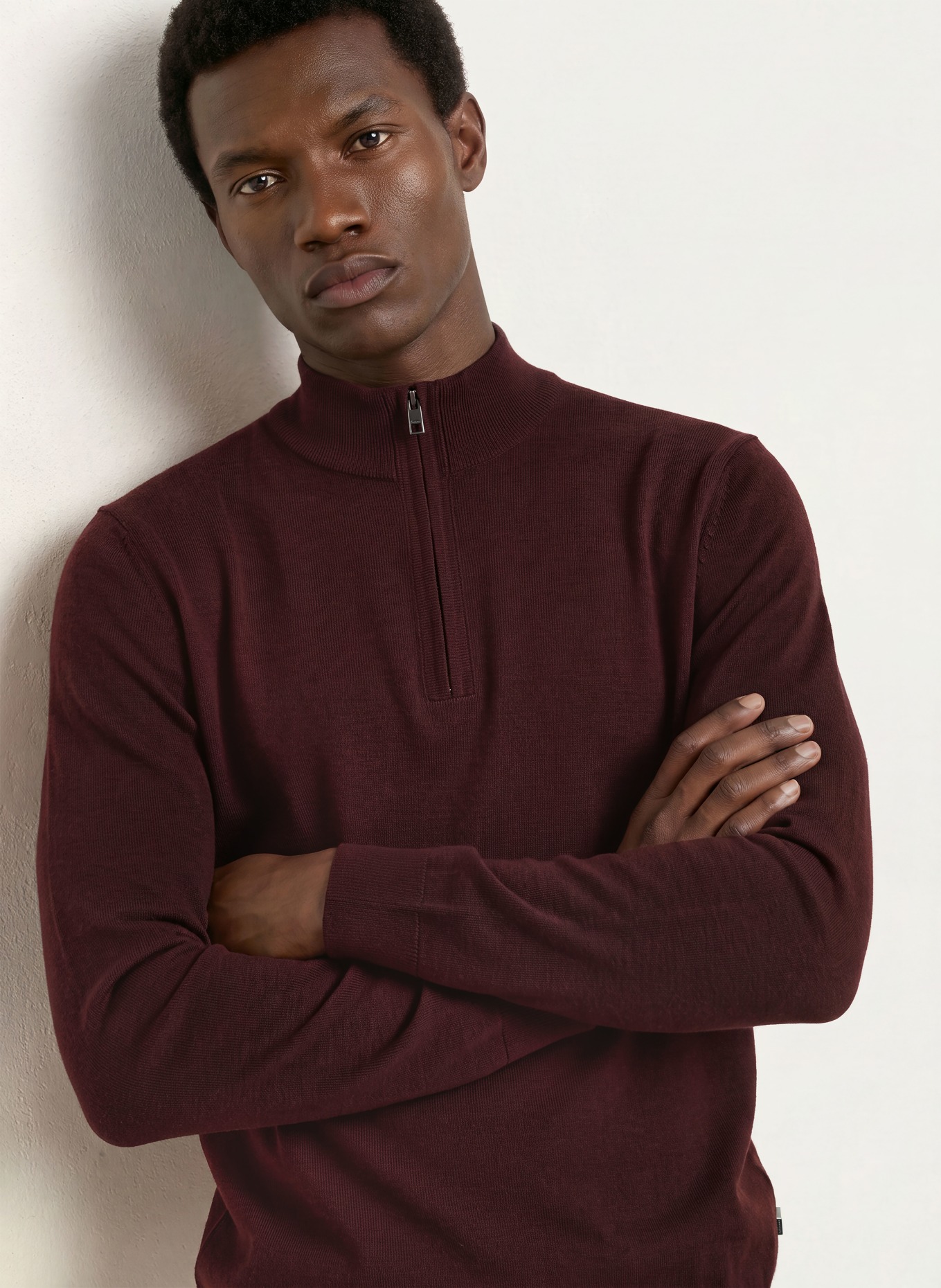 OLYMP Pull col zippé en laine mérinos: ROUGE FONCÉ