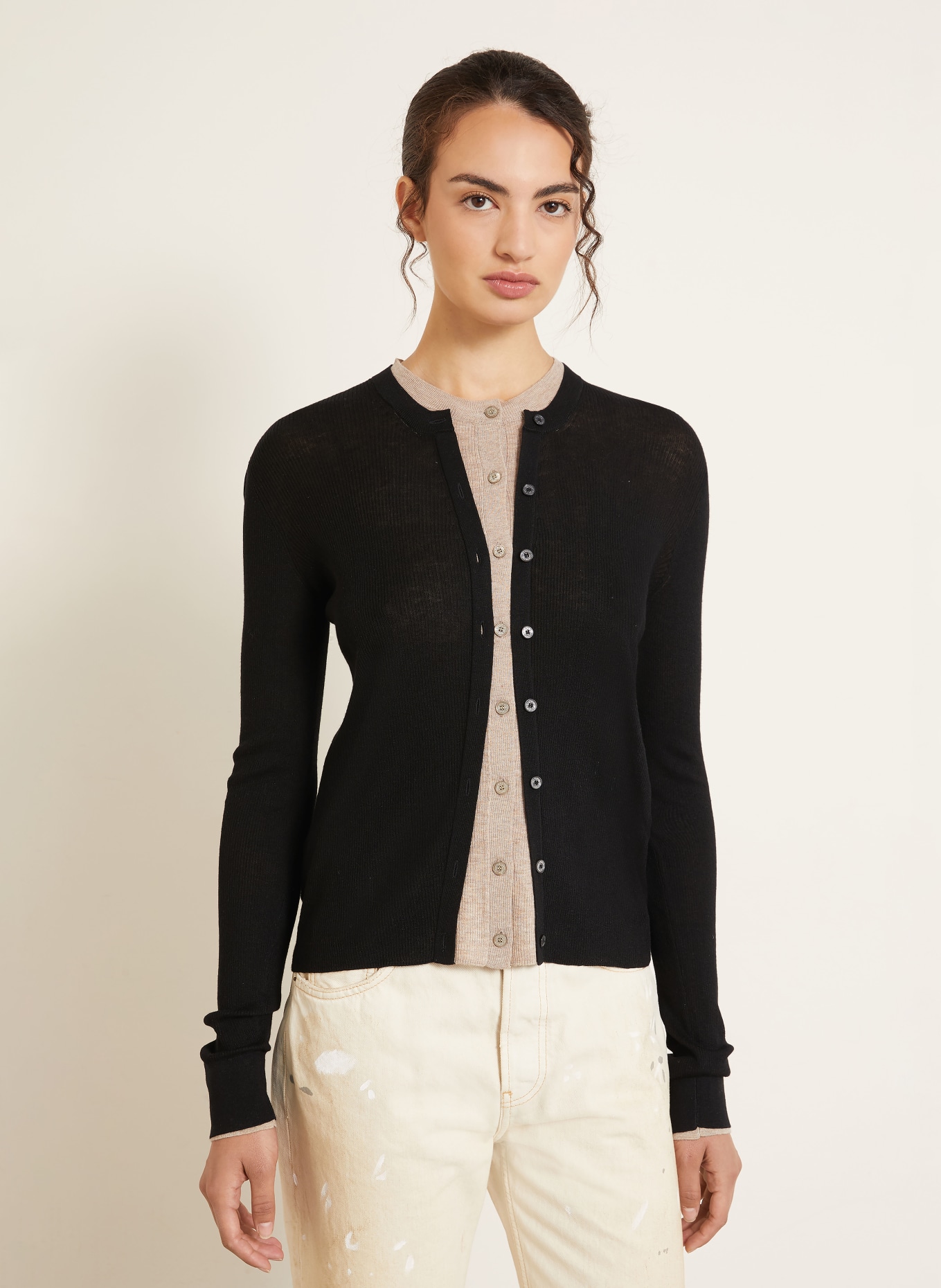Acne Studios Cardigan with silk: BLACK / TAUPE