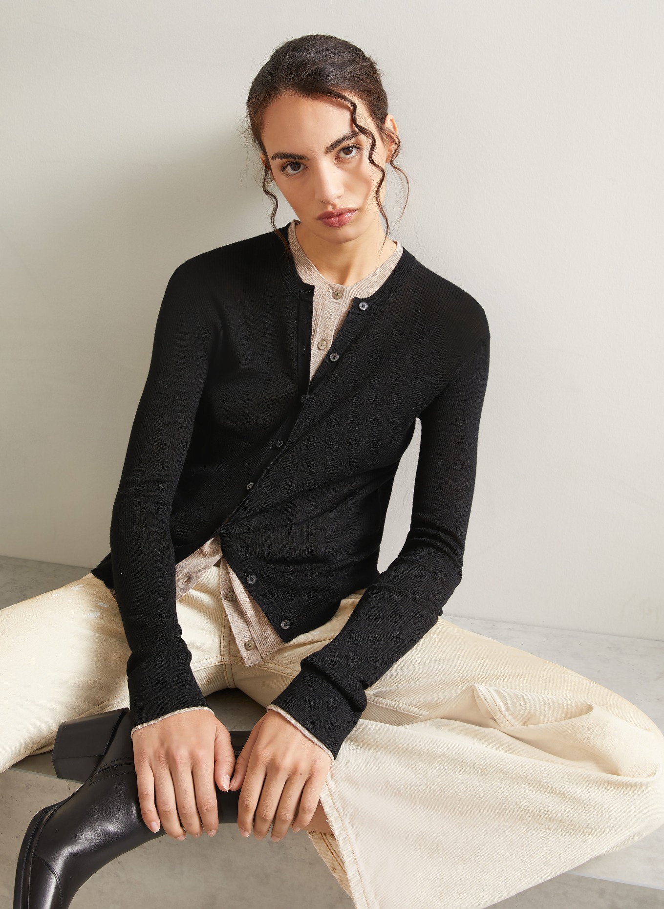 Acne Studios Cardigan with silk: BLACK / TAUPE