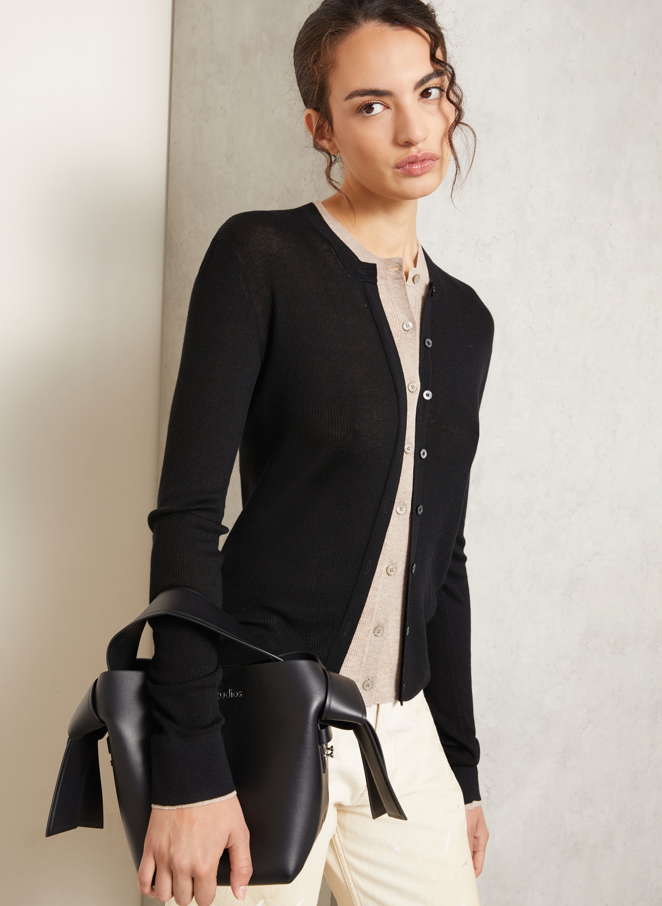 Acne Studios Cardigan with silk: BLACK / TAUPE