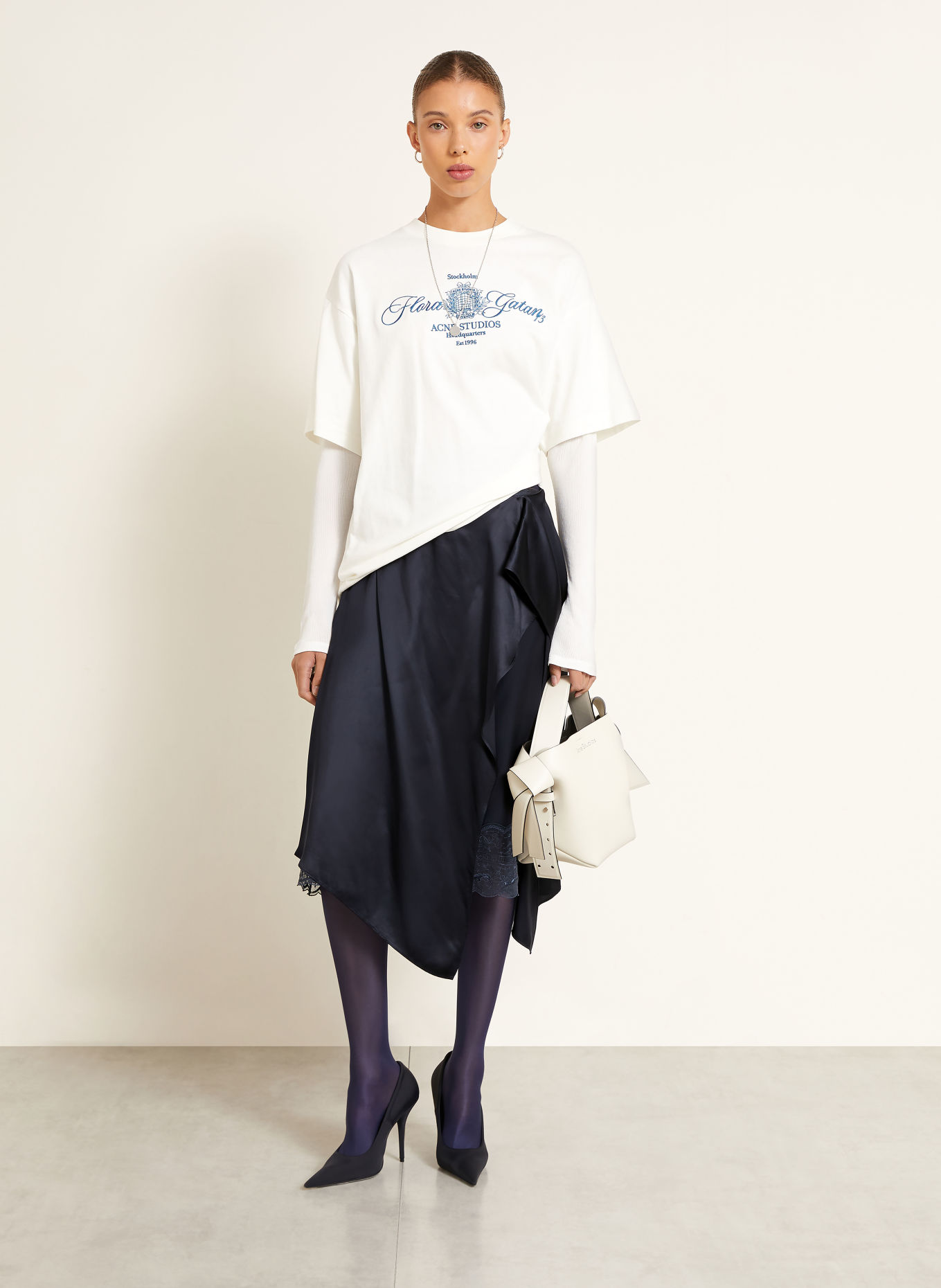 Acne Studios Wrap-style satin skirt with lace: DARK BLUE